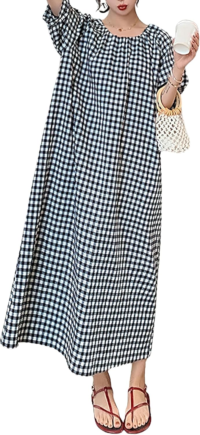 chouyatou Women’s Casual Gingham Loose-Fit Swing Dress Cotton Lantern Puff Sleeve Plaid Midi Long Dress