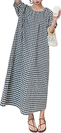 chouyatou Womens Casual Gingham Loose-Fit Swing Dress Cotton Lantern Puff Sleeve Plaid Midi Long Dress