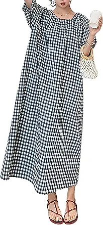 Chouyatou Women's Casual Gingham Loose-Fit Swing Dress