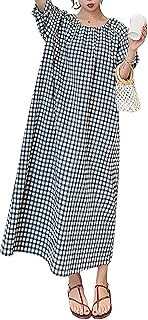 chouyatou Women's Casual Gingham Loose-Fit Swing Dress Cotton Lantern Puff Sleeve Plaid Midi Long Dress