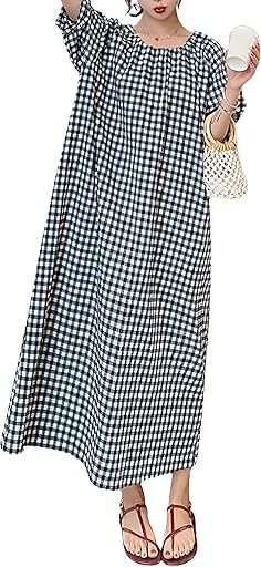 chouyatou Women's Casual Gingham Loose-Fit Swing Dress Cotton Lantern Puff Sleeve Plaid Midi Long Dress