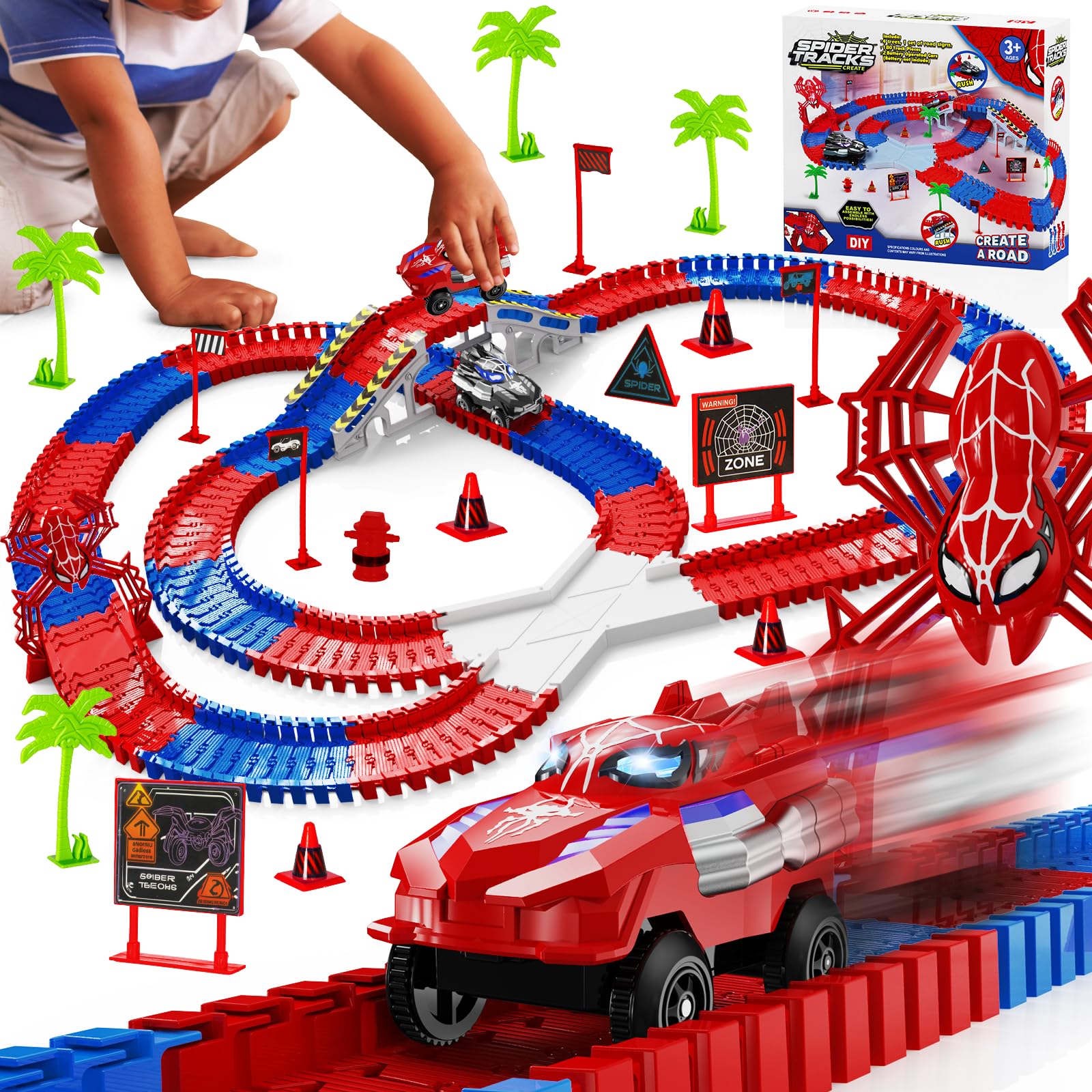 Spider Construction Race Track Set for Kids Ages 3-9, STEM Building Car Track Toys with Superhero Cars