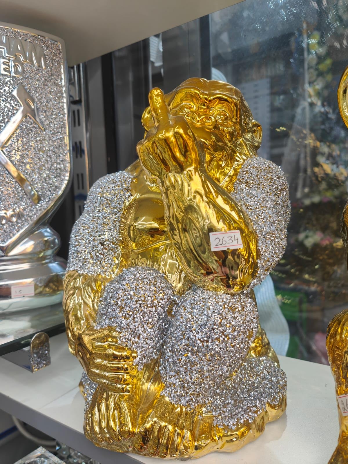 Biznest Gold And Silver Crushed Crystal Diamond Jewel Sparkle Monkey Ornament Chimpanzee Decoration Eye Catching Design