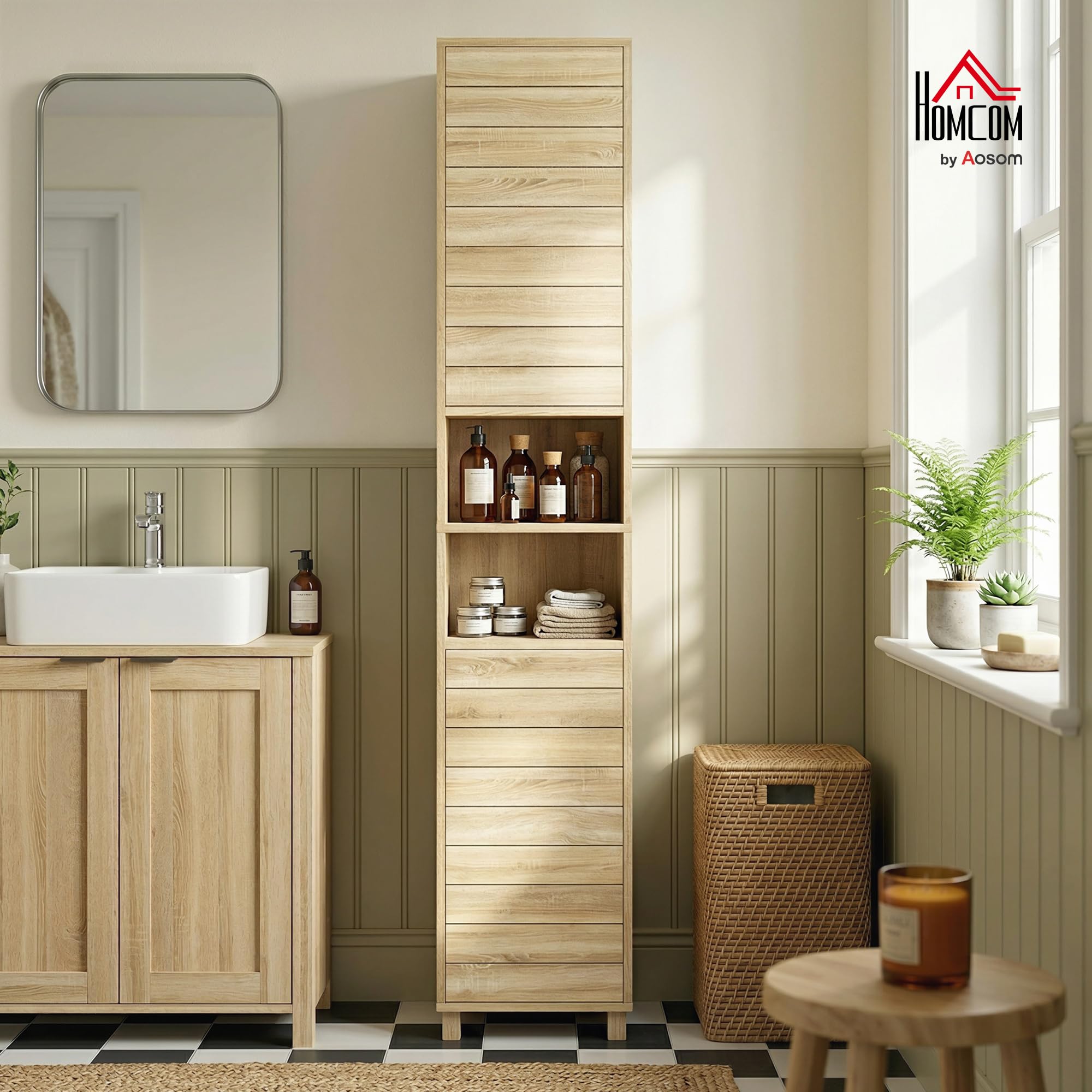 HOMCOM Armario de Baño Alto para Espacios Pequeños 34x23x170 cm Natural | Mueble Auxiliar de Baño Estrecho, Estantes Ajustables, Puertas de Lamas Apertura por Presión, Estantes Abiertos