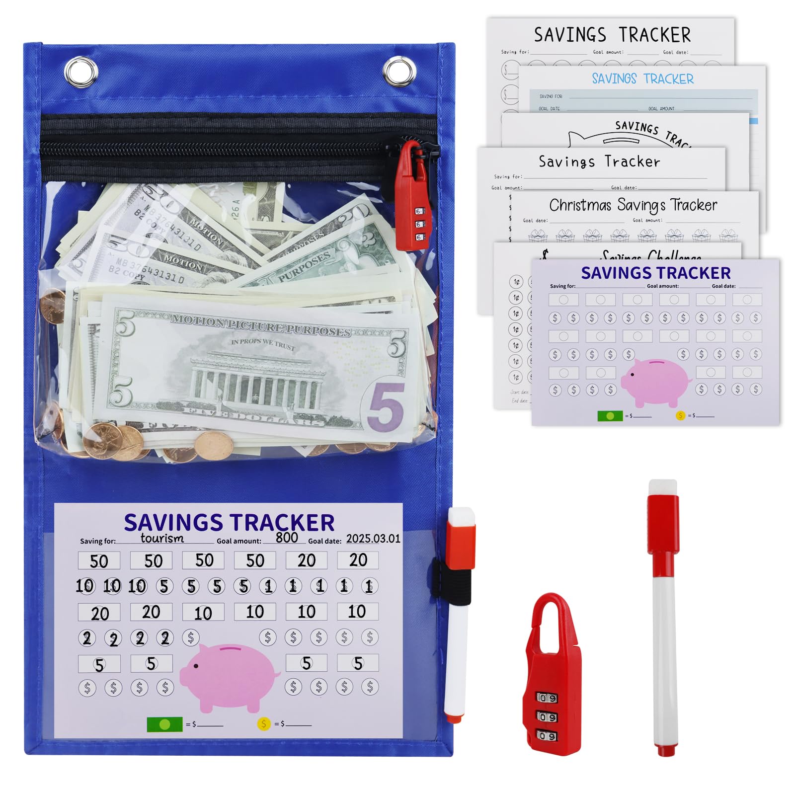 ZKOO Wall Mount Money Savings Challenge Hanging Bag, Saving Trackers Wallet Budget Binder Savings Cards, Money Organizer Book Budget Planner Accessories with Combination Lock and Hanging Loop