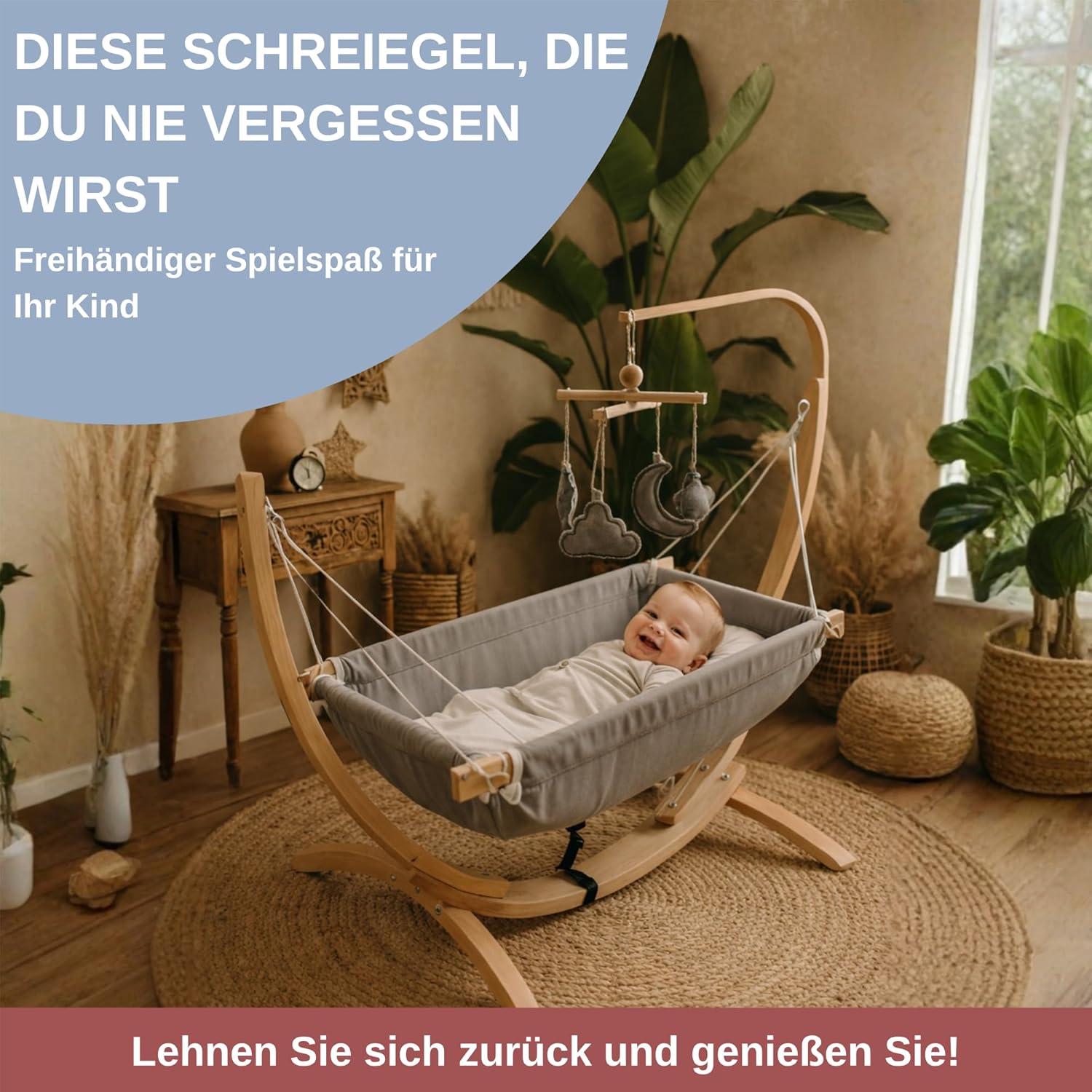 Kids Hammock Bed for Children Ages 3 to 5 Years, 15 to 36 kg Capacity, Comfortable Fabric with Wooden Frame, Large Size 25.98" × 59.06", Portable and Easy to Assemble for Indoor and Outdoor Use (Grey)