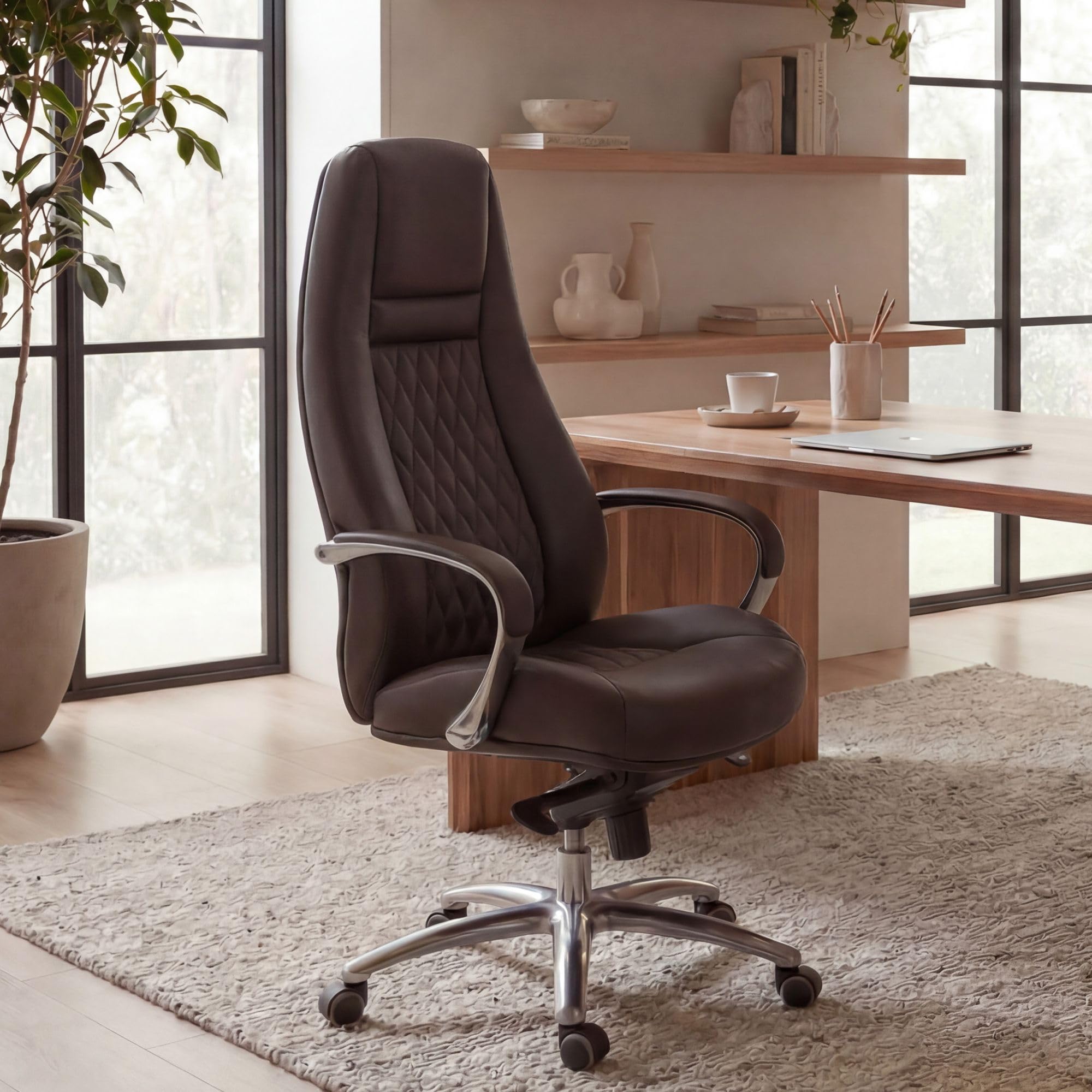FineBuy Sedia Ufficio Vera Pelle Marrone Poltrona Scrivania Ergonomica | Design Sedia con Ruote & Braccioli | Sedia Girevole Imbottita Studio