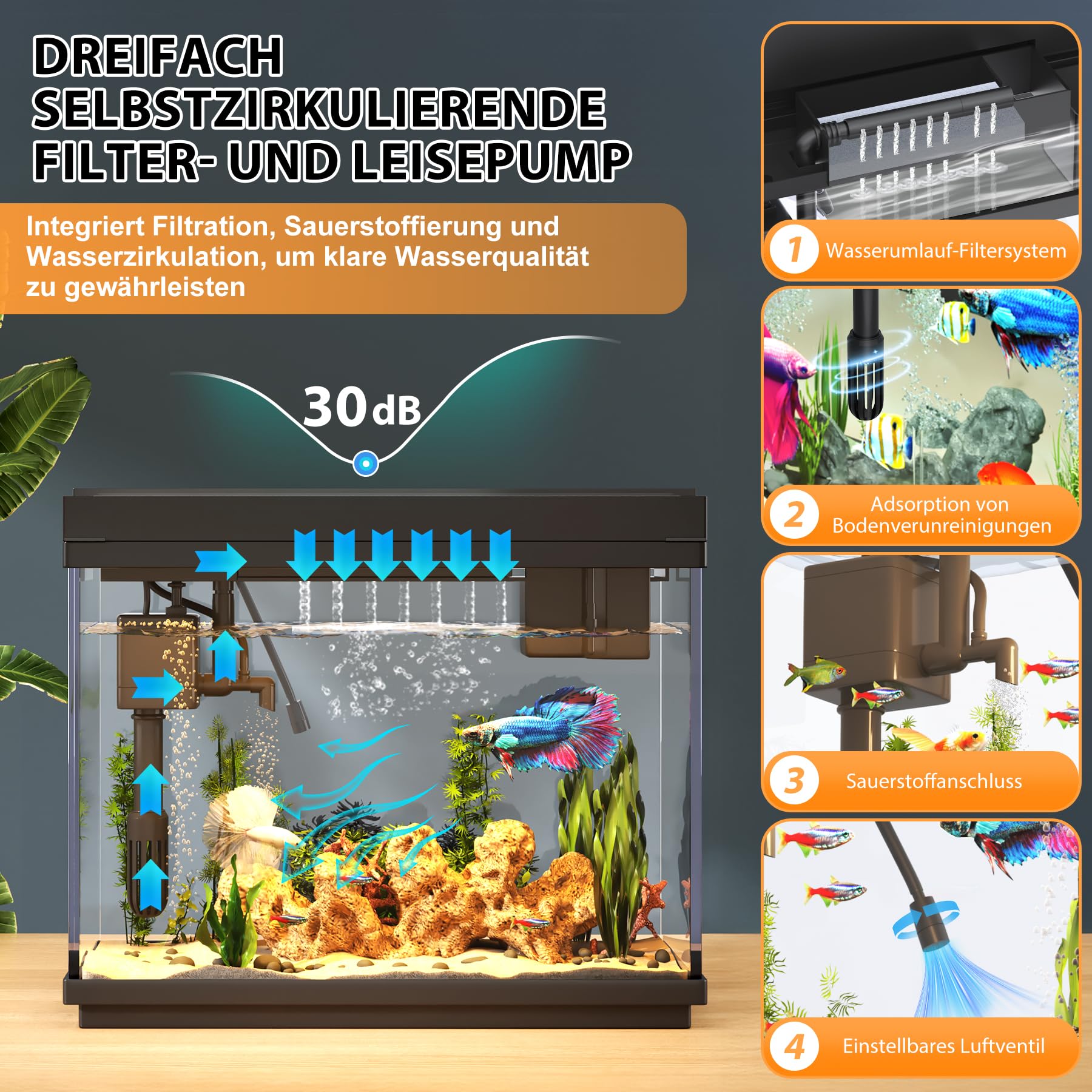 Vehipa Nano Aquarium 9L Klein mit intelligentem Luftbefeuchter, Temperaturanzeige, UHD-Glas, 7-Farben-Beleuchtung, 3-in-1 Leise Pumpe
