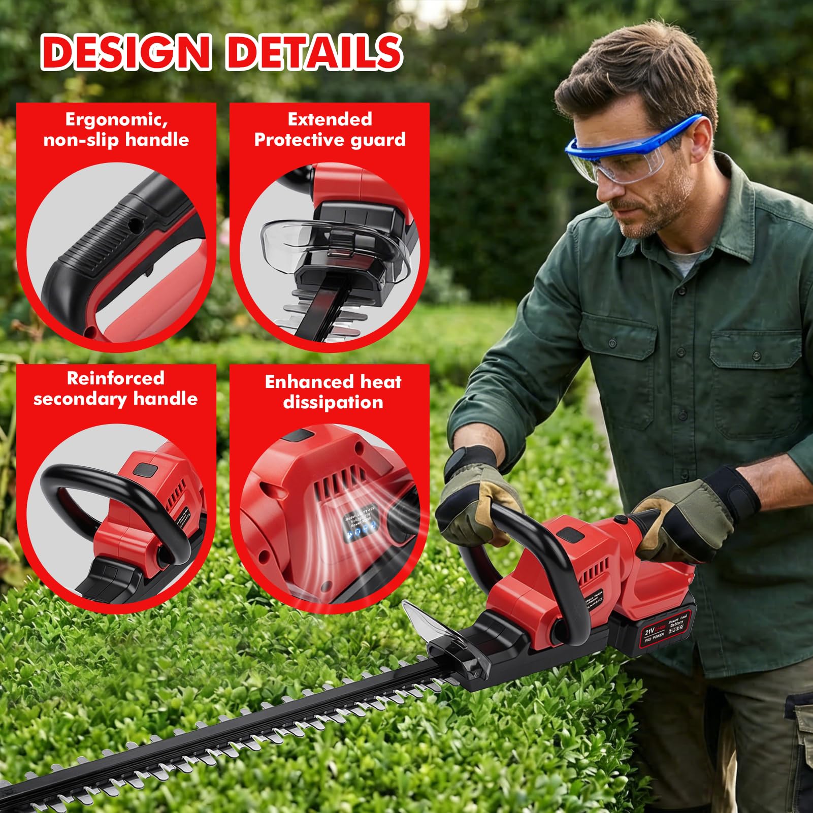 Tijeras Cortasetos de Batería, Cortasetos Eléctrico 850 W, Hoja SK5 de 56 cm, Mango Giratorio 90° y Diseño Ergonómico con baterías de 1 x 3,0 Ah para Setos, Ramas, Arbustos, Ramitas