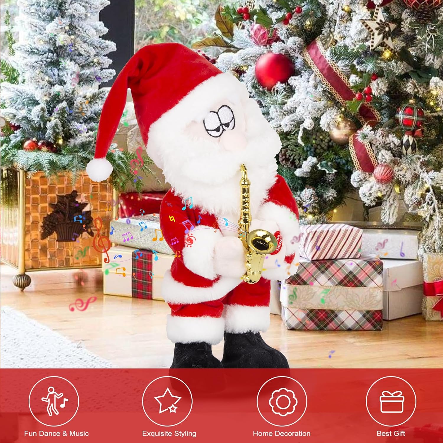 Singing Dancing and Saxophone Playing Santa Claus - Christmas Animatronics Musical Santa Claus, Christmas Plush Toy for Kids, Indoor Holiday Decoration