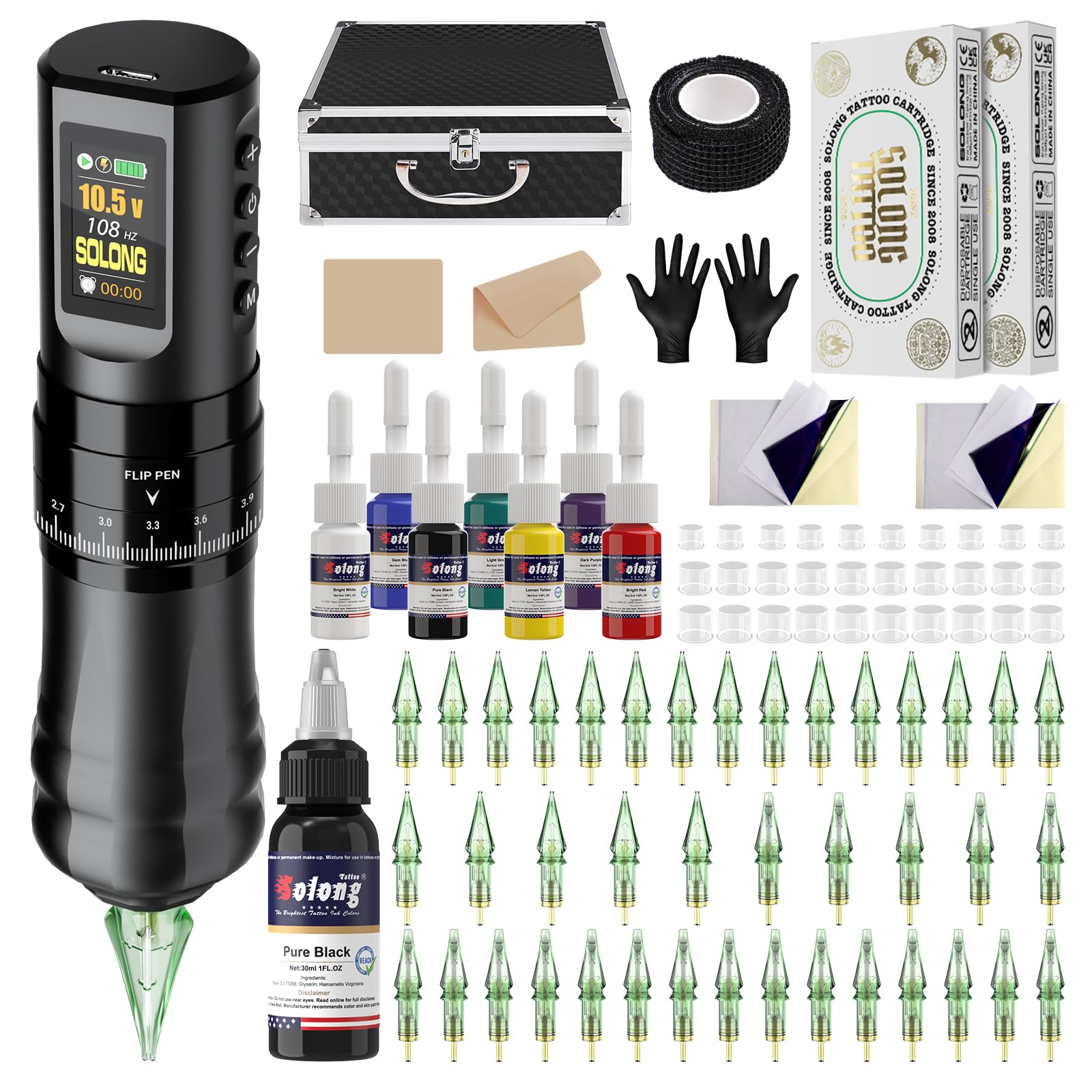 Kit máquina tatuaje Solong Set Profi, rotativa inalámbrica 1800mAh, LCD, 40 agujas, 8 tintas, ideal para principiantes y artistas, modelo SLE96EN01SEU-1
