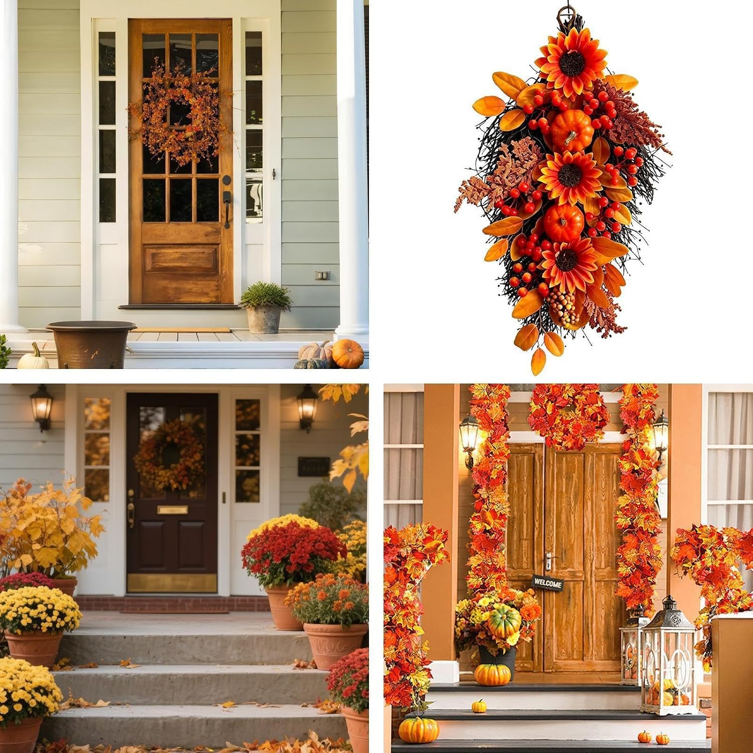 Autumn Swag Realistic Sunflower Pumpkin Berries Wall Ornament