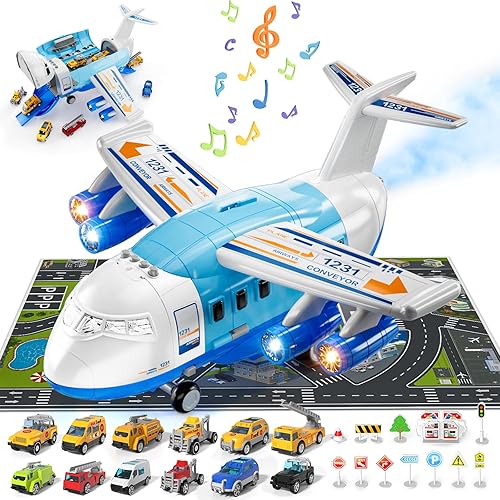 Doloowee Juguetes de avión para niños de más de 3 años Juego de juguete de transporte de carga de avión 12 piezas de coches de construcción avión