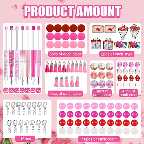 Miniatura 3 de HEYUNG 15 juegos de bolígrafos con cuentas para el día de San Valentín, bolígrafos de cuentas de silicona con 133 cuentas espaciadoras rosas y