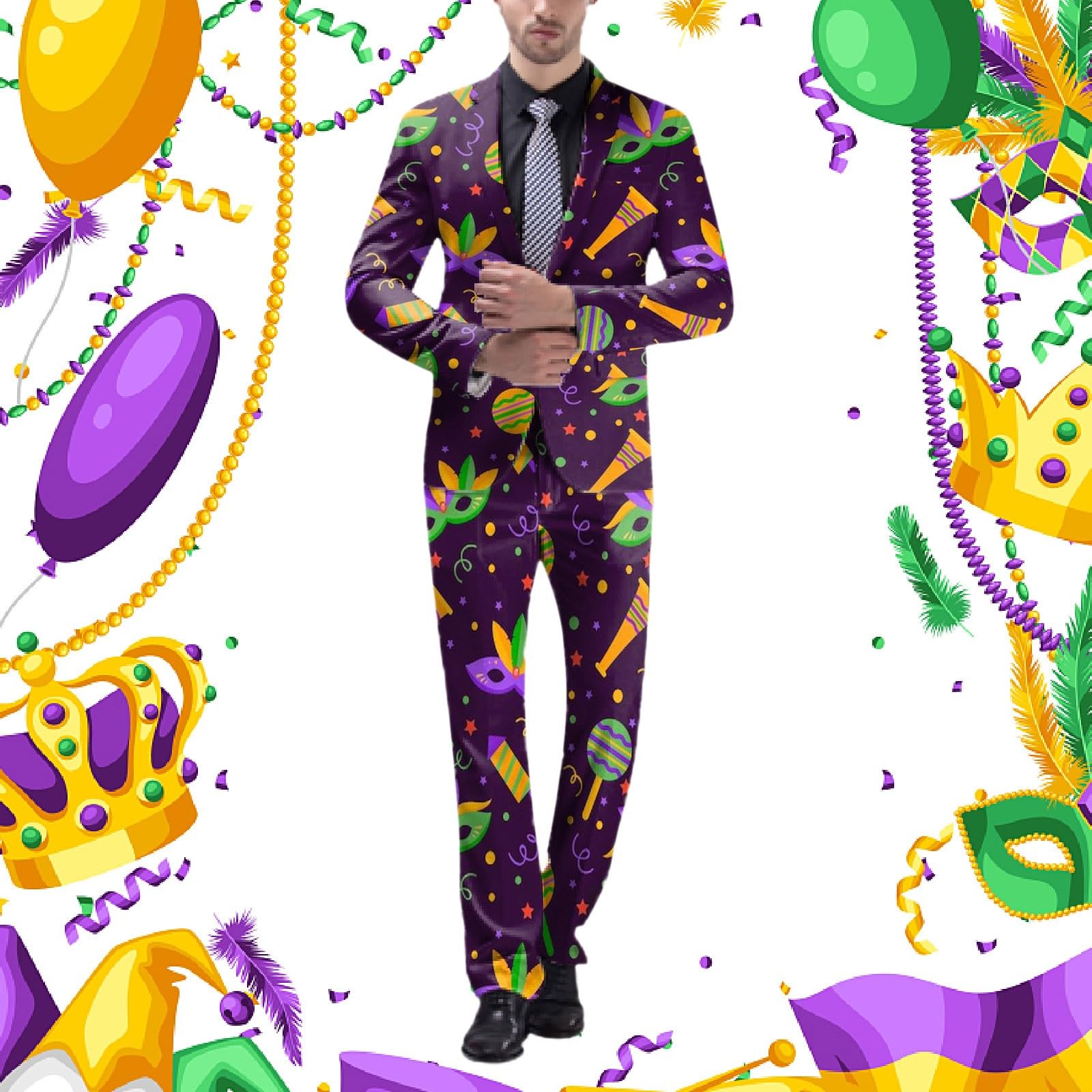 Anzug Herren Lustiger Masken Anzug Prom Suits Faschingskostüme Retro Party Jacke mit Bunten Drucken 60er Jahre Pop Art Style Outfit Slim Fit Anzughose Mardi Gras Karneval Kostüm