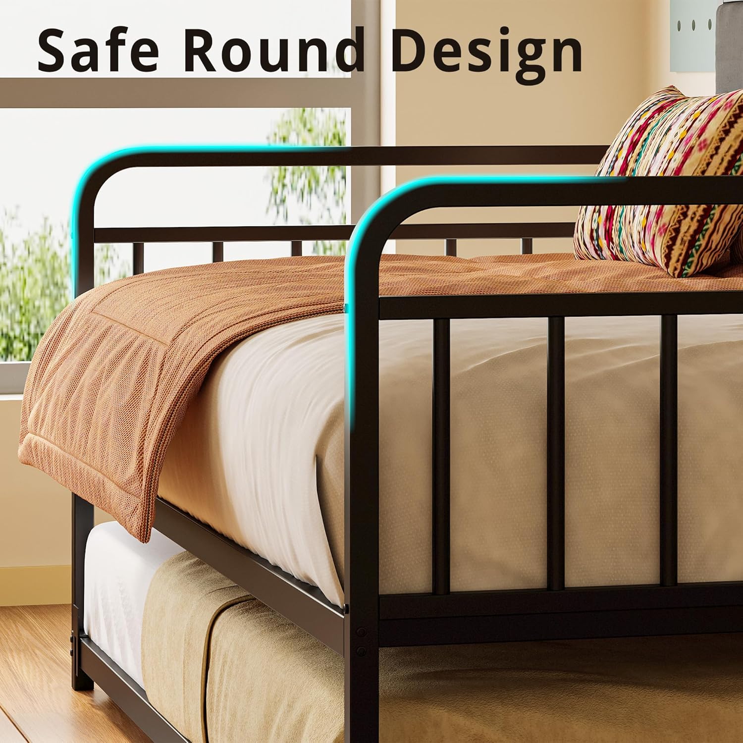 LIKIMIO Daybed with Trundle, Sturdy Metal Twin XL Size Bed Frame with Upholstered Headboard and Charging Station for Living Room, Bedroom and Guest Room, Black