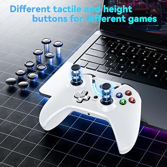 RALAN White Wireless Controller with Paddles for Windows PC, 2.4G Wireless Adapter with 3.5mm Headphone Jack, ALPS Joystick, Hall Effect Sensing trigger, Rechargeable Battery