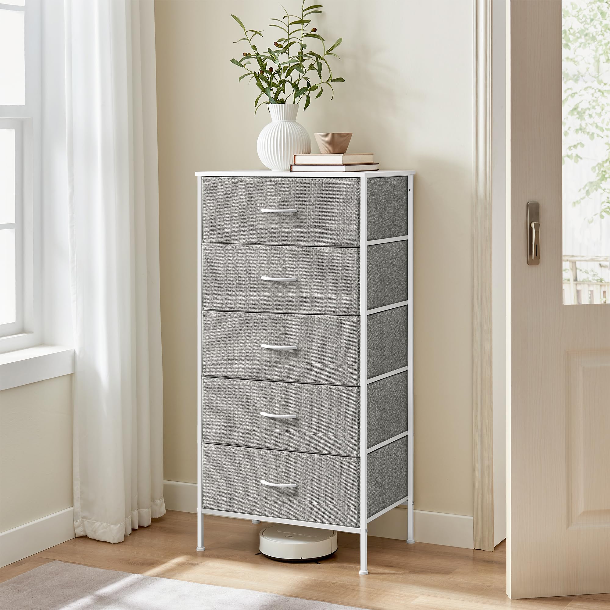 SONGMICS Commode Avec 5 Tiroirs En Tissu, Style Industriel, Meuble De Rangement Pour Chambre Acier Panneau Mdf Tissu Non Tisse Pour Couloir Entree Salon Blanc Nuage Et Blanc Neige P 2144922 156674046 1
