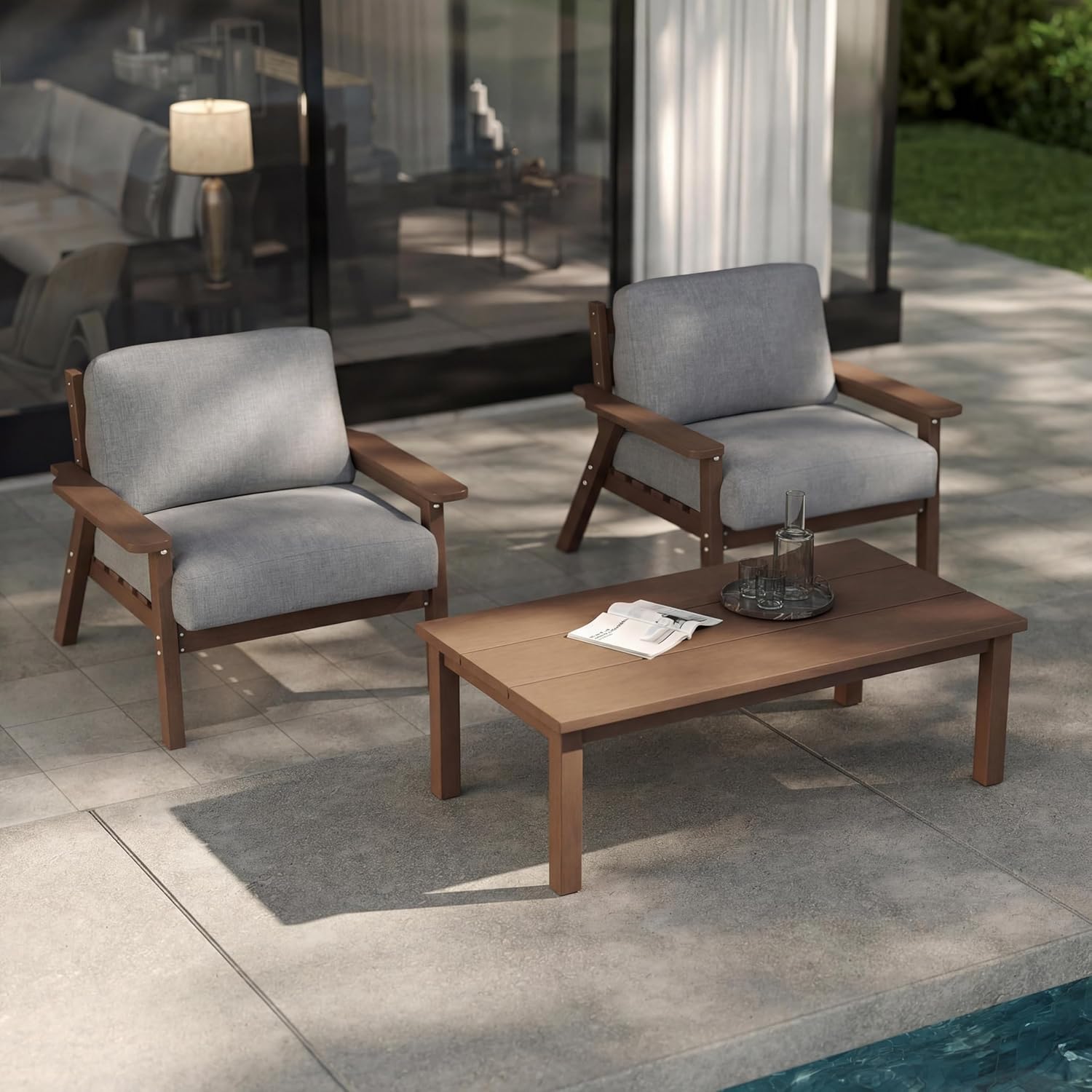 Patio Furniture Set with Washable Thick Gray Cushions, HDPE Outdoor Couch, All-Weather Outdoor Sectional Furniture, Patio Conversation Sets for Lawn, Garden, Porch (Brown Frame)