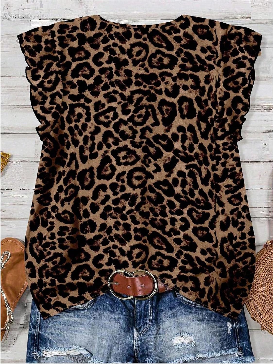 Women's Leopard Print Ruffle Sleeve Tops Summer Vintage Button Front V Neck Dressy Casual Blouses - Image 2
