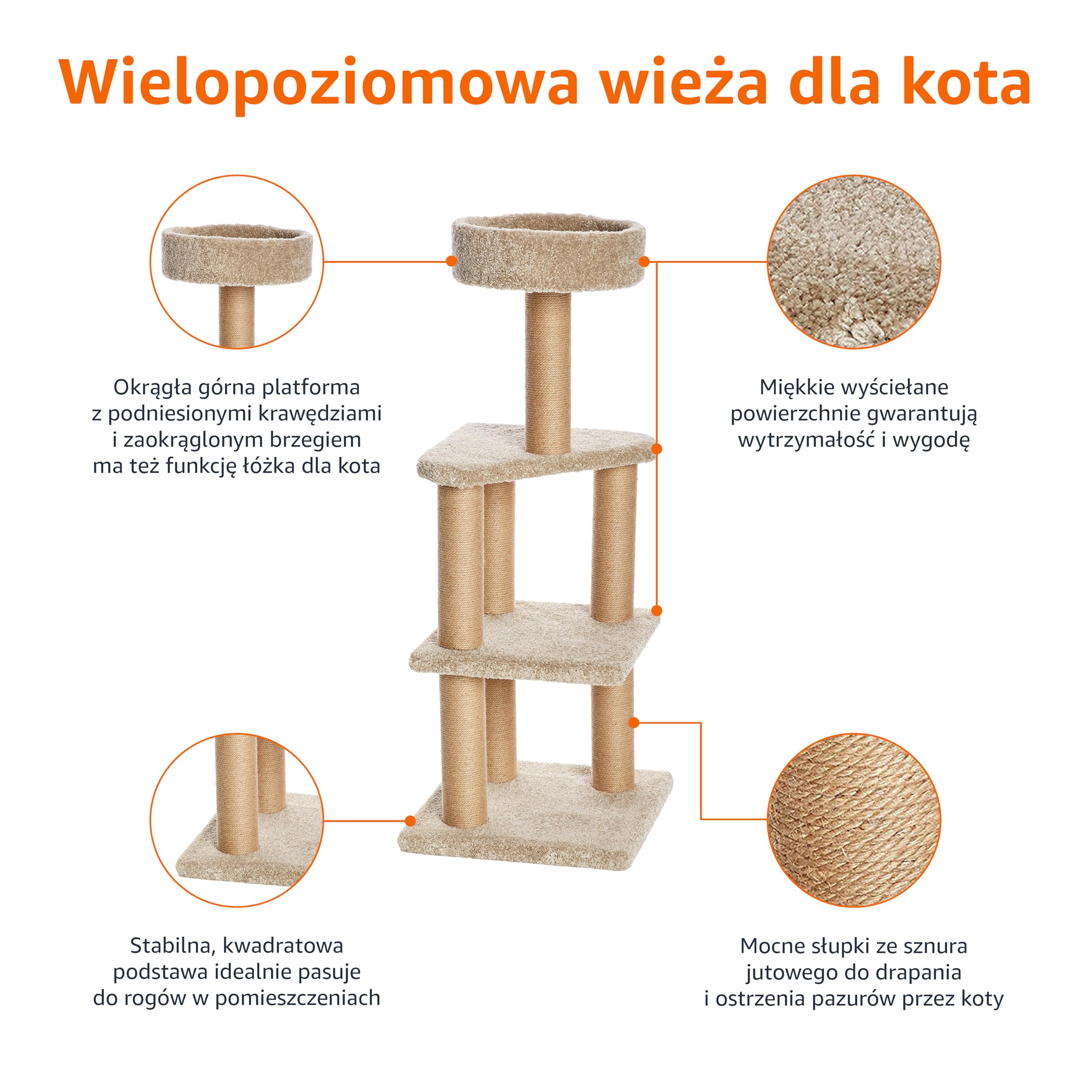 Amazon Basics Wieża dla kota z drapakami do użytku w domu, beżowa, duża (dł. 45 x szer. 45 x wys. 117 cm)