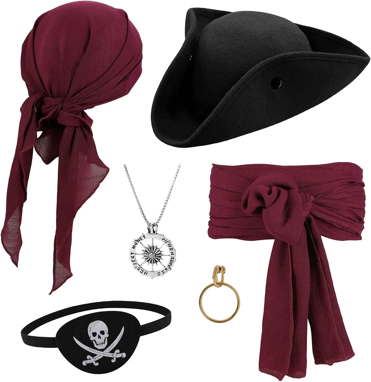 6PCS Pirate Costume Accessories Set Men Women Tricorn Hat Pirate Bandana