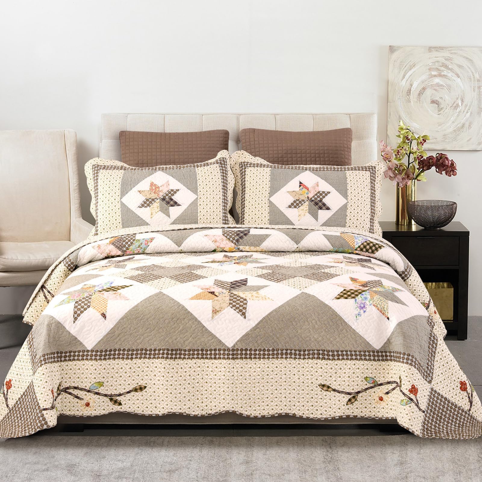 YAYIDAY Quilts Queen Size Patchwork Bedspread Set - 100% Cotton Reversible Breathable Brown Geometric Quilted Quilt with Pillow Shams for All Seasons