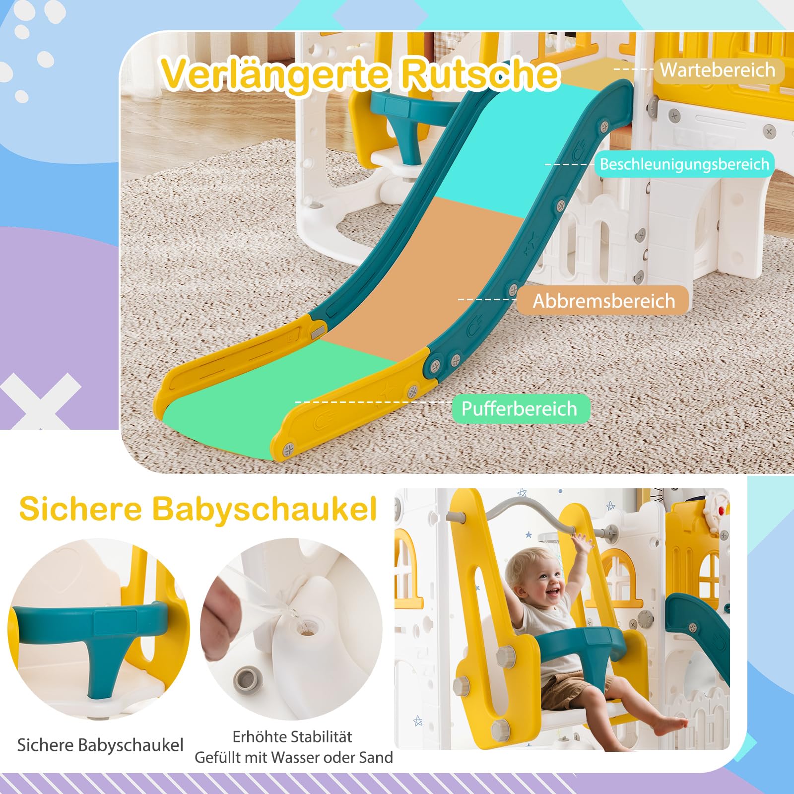 COSTWAY Kinder Rutsche mit Klettergerüst & Schaukel, Rutschenset mit Schaukel Basketballkorb Teleskop Lenkrad, Montessori Indoor-Spielplatz für Kinder ab 1 Jahr (Grün + Gelb)