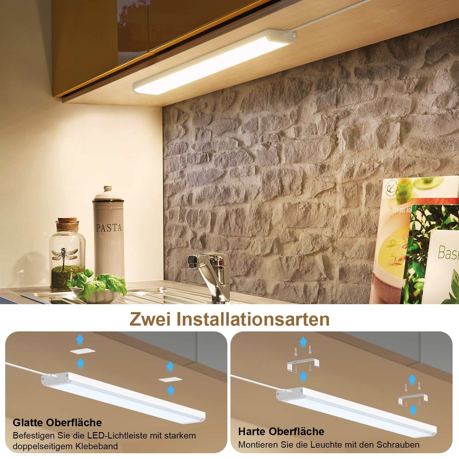 Lampada A LED REV Per Cucina E Armadi – 90 Cm, 8W, 620 Lumen, 3000K, Sensore A Contatto, Bianca