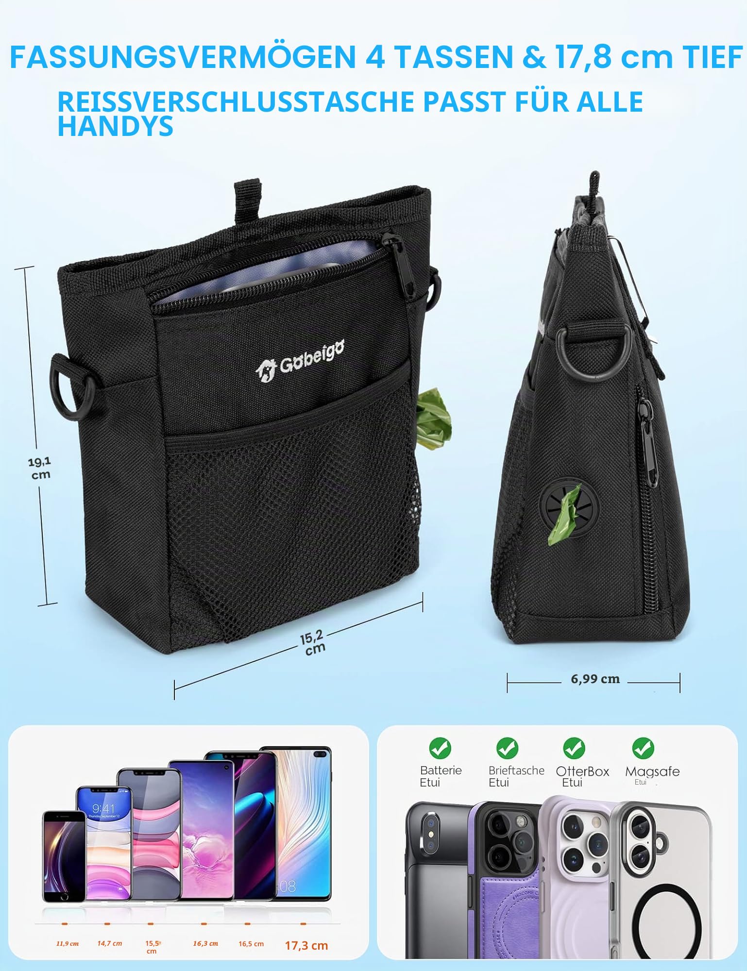 Gobeigo【Version mit Silikon-Einsatz】Hundeleckerli-Beutel mit Trainings-Clicker, 2-facher Magnetverschluss, 2 Tassen Bauchtasche für Spaziergänge mit Kotbeutelspender, Metallgürtelclip und Hüftgurt (L)