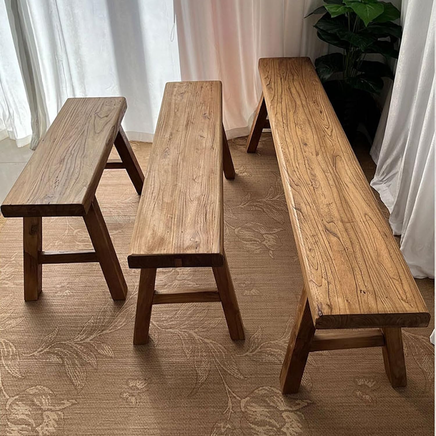 ファームハウスエントランスベンチ、天然無垢材ロングウッドベンチ、素朴なエントランスベンチシート、リビング、キッチン、ダイニングルーム