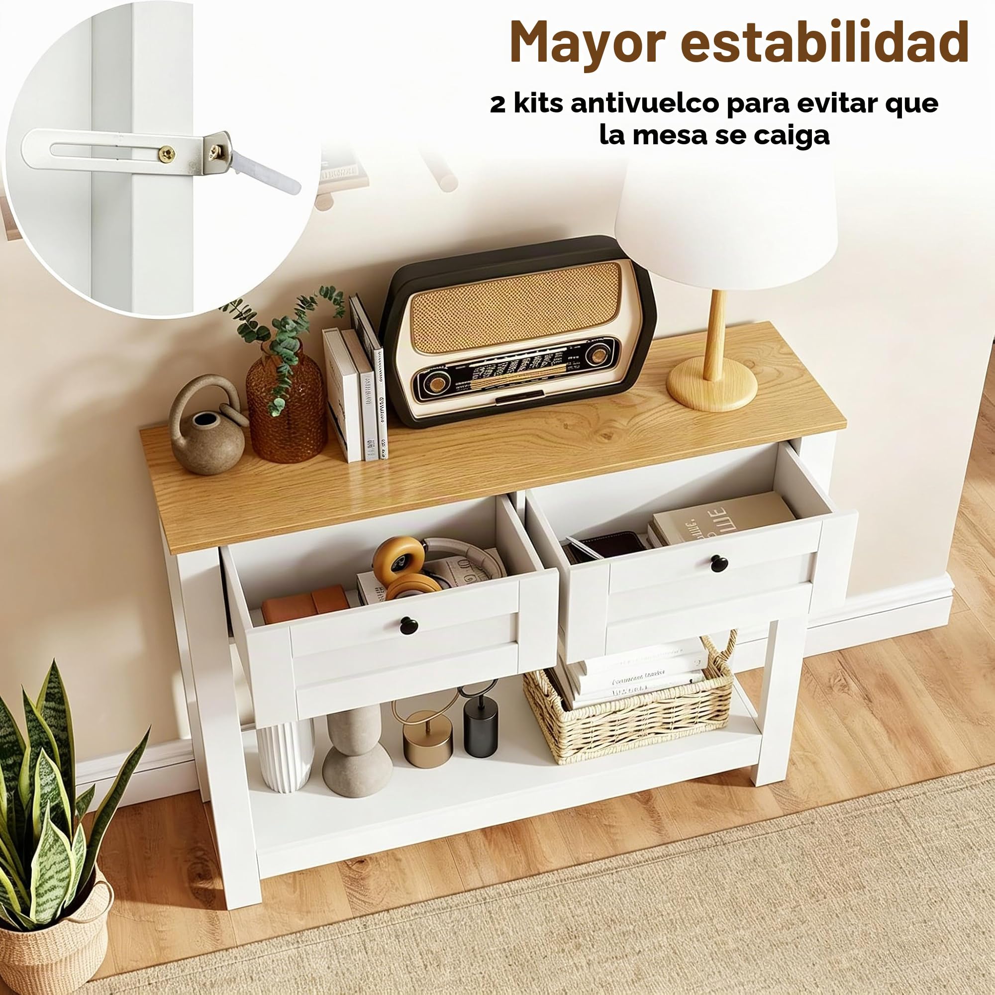 LIFEZEAL Mesita Auxiliar Rectangular de Madera, con Dos Estantes y Dos Cajones, Incluye Diseño Antivuelco, para Pasillos, Recibidores y Salones, Máx.80 kg, Blanco (106 x 30 x 81,5 cm)