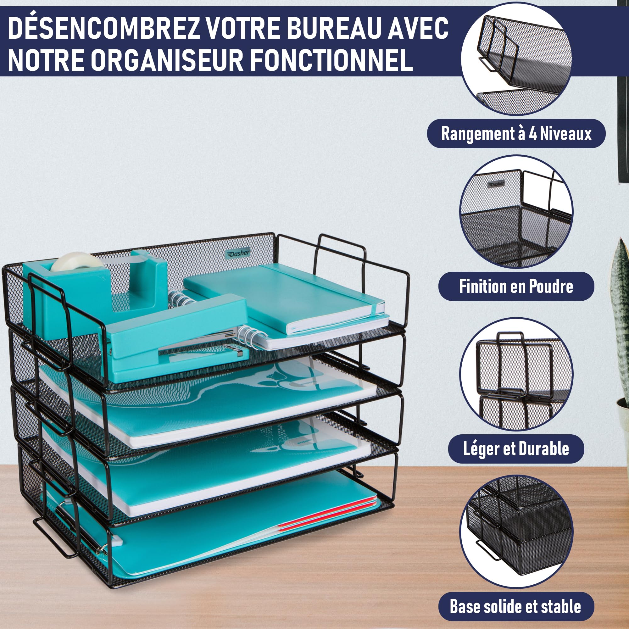 Dasher Products Organisateur de Bureau à Plateau de Papier empilable, à 4 Niveaux pour Les Entreprises. Organiser des fichiers, des dossiers, des Lettres, du Papier, des classeurs