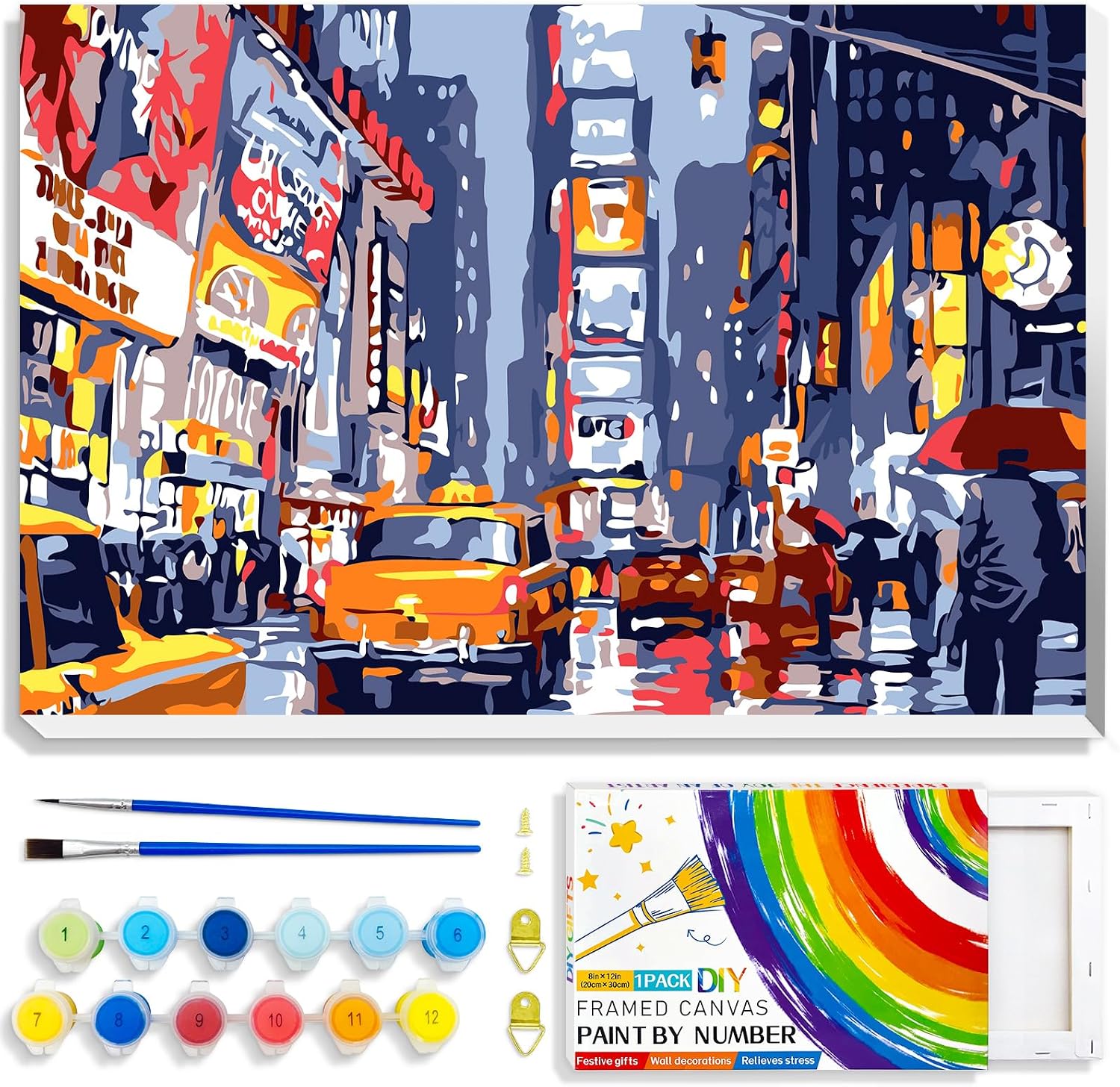 QUITEDEW Paint by Numbers for Adults Beginner,Times Square Paint by Number with Frame,City Night View Paint by Number Adult Home Wall Decoration with Colorful Box 8x12 Inch(Street Scenery)