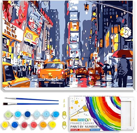 QUITEDEW Paint by Numbers for Adults Beginner,Times Square Paint by Number with Frame,City Night View Paint by Number Adult Home Wall Decoration with Colorful Box 8x12 Inch(Street Scenery)