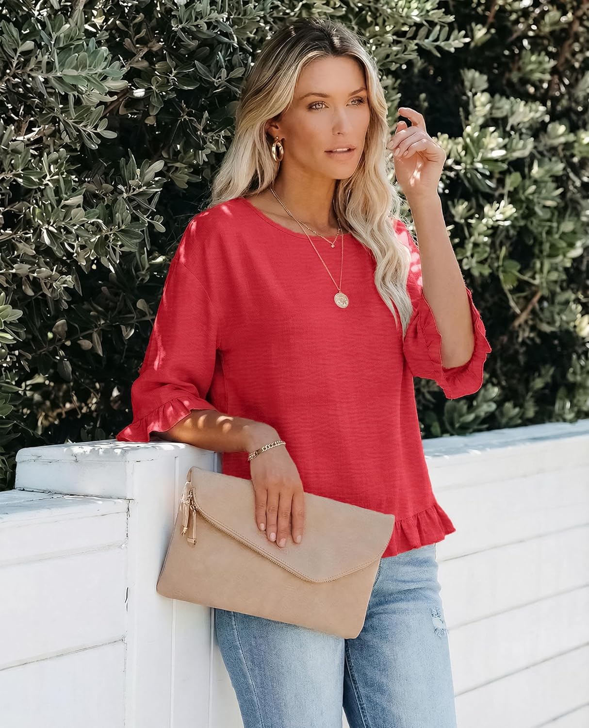 siliteelon Womens 3/4 Sleeve Tops Summer Tshirts Ruffle Flowy Crew Neck Dressy Casual Blouses 2026 Trendy Cute Work Outfits - Image 5