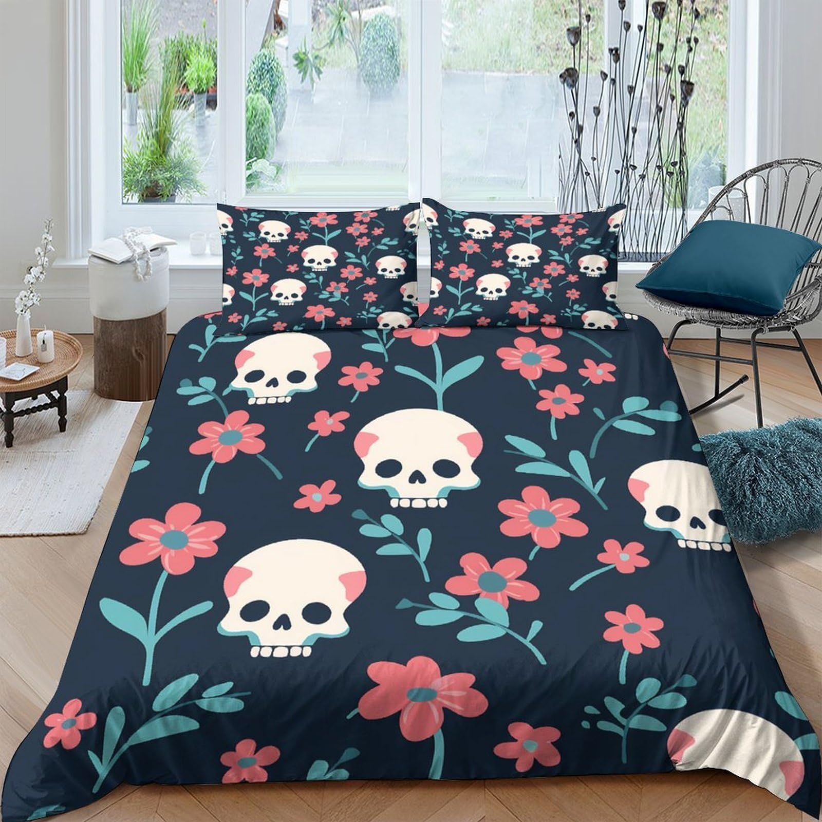 Unrxjzlvm Style-7 Skull Floral Bedding Set Microfiber Teen Dorm Decor
