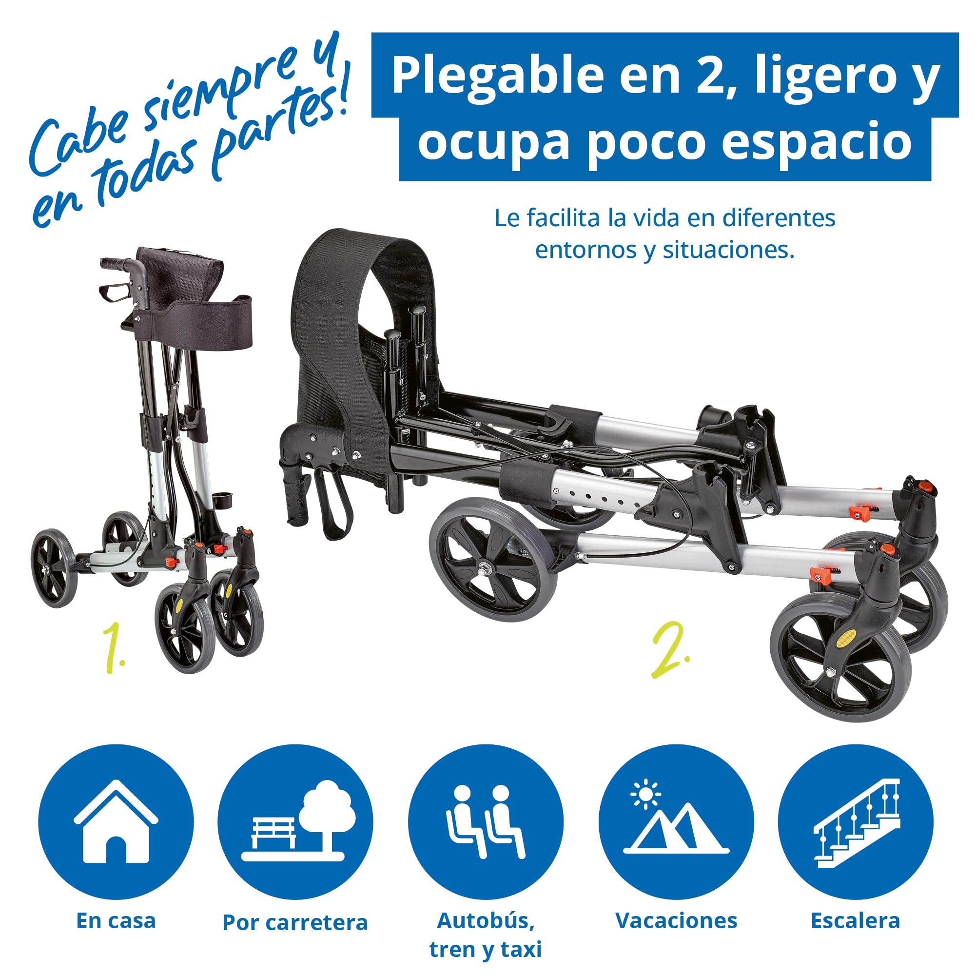 WEINBERGER leichter klappbarer Alu-Rollator all-Inclusive mit Tasche Stockhalter Bremsen, Leichtgewicht nur 7,3 kg, höhenverstellbar, Gehwagen Gehhilfe Reiserollator, Farbe Silber-Schwarz, 48911
