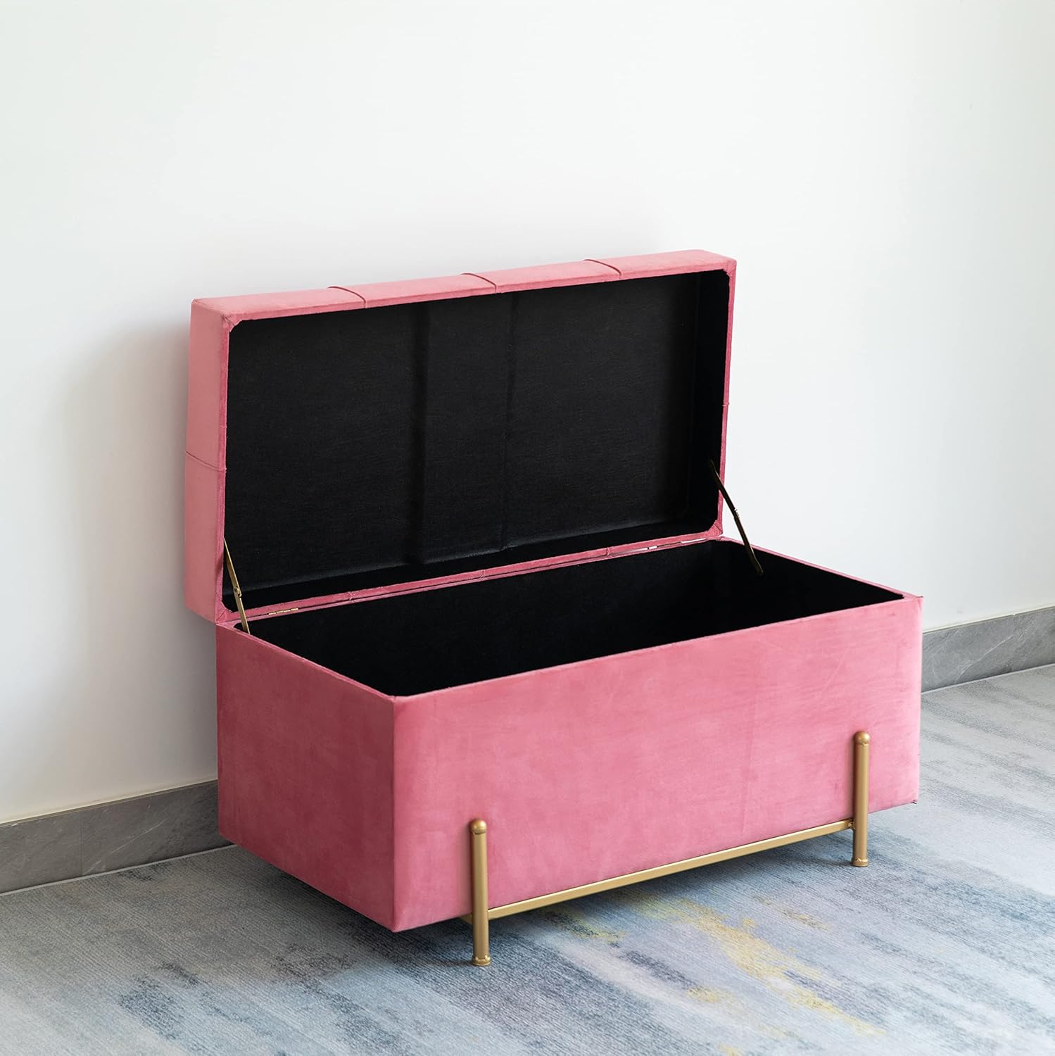 Fabulaxe Large Velvet Storage Ottoman Bench with Golden Legs, Rectangle Upholstered End of Bed Bench, Modern Blanket Storage, Foot of Bed or Window Seat (Pink)