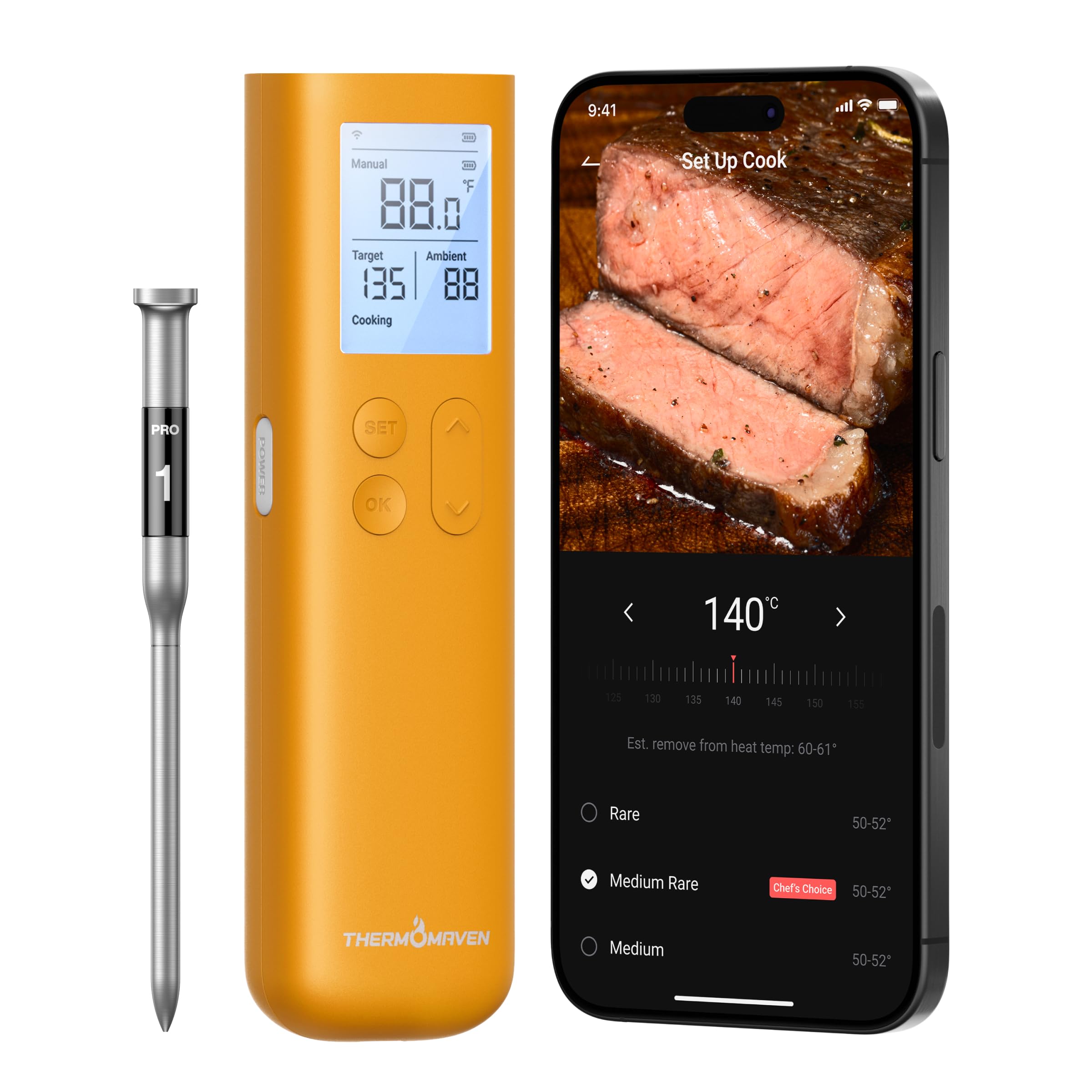 ThermoMaven Smart Bluetooth Termómetro Inalámbrico para Carne Sub-1G Estabilidad de Señal Base, Exactitud Certificada ± 0,3 °C, Alcance Wifi para Barbacoa, Horno, Ahumador, Barbacoa, Amarillo Dorado