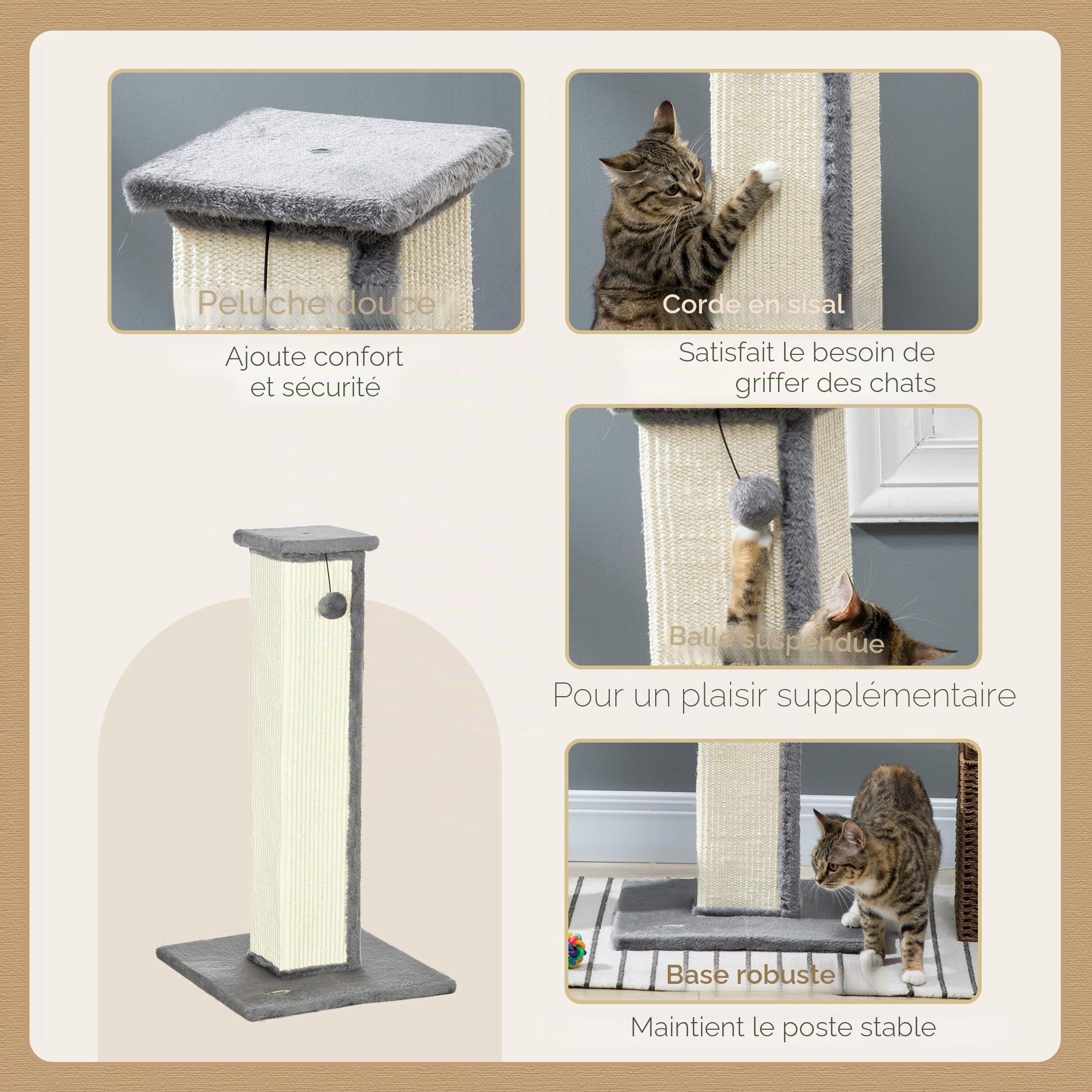 PawHut Griffoir pour Chat 81 cm Arbre à Chat en sisal et Peluche, Poteau griffoir avec Boule Suspendue Base Stable, grattoir à Design Moderne 41 x 41 x 81 cm, Gris et crème
