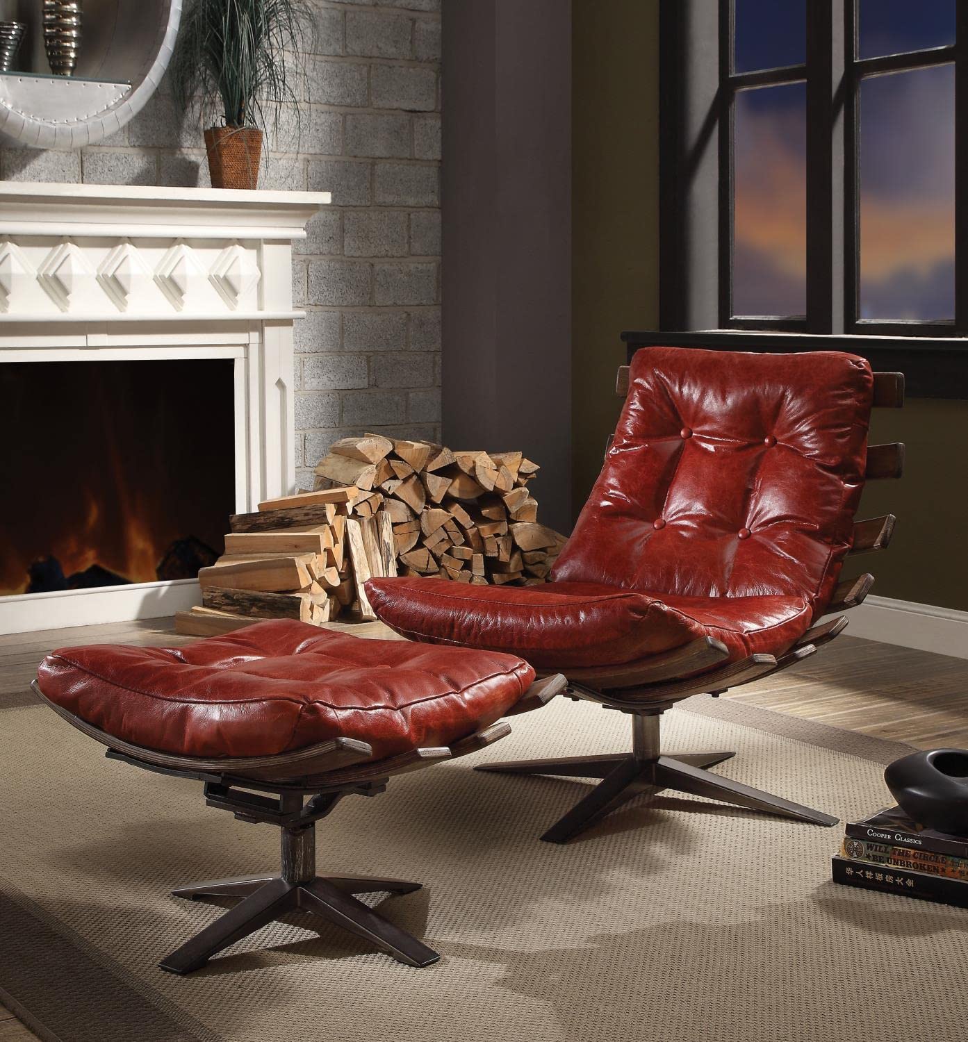 Amazon.com: ACME Gandy 2Pc Pack Chair & Ottoman - Antique Red Top
