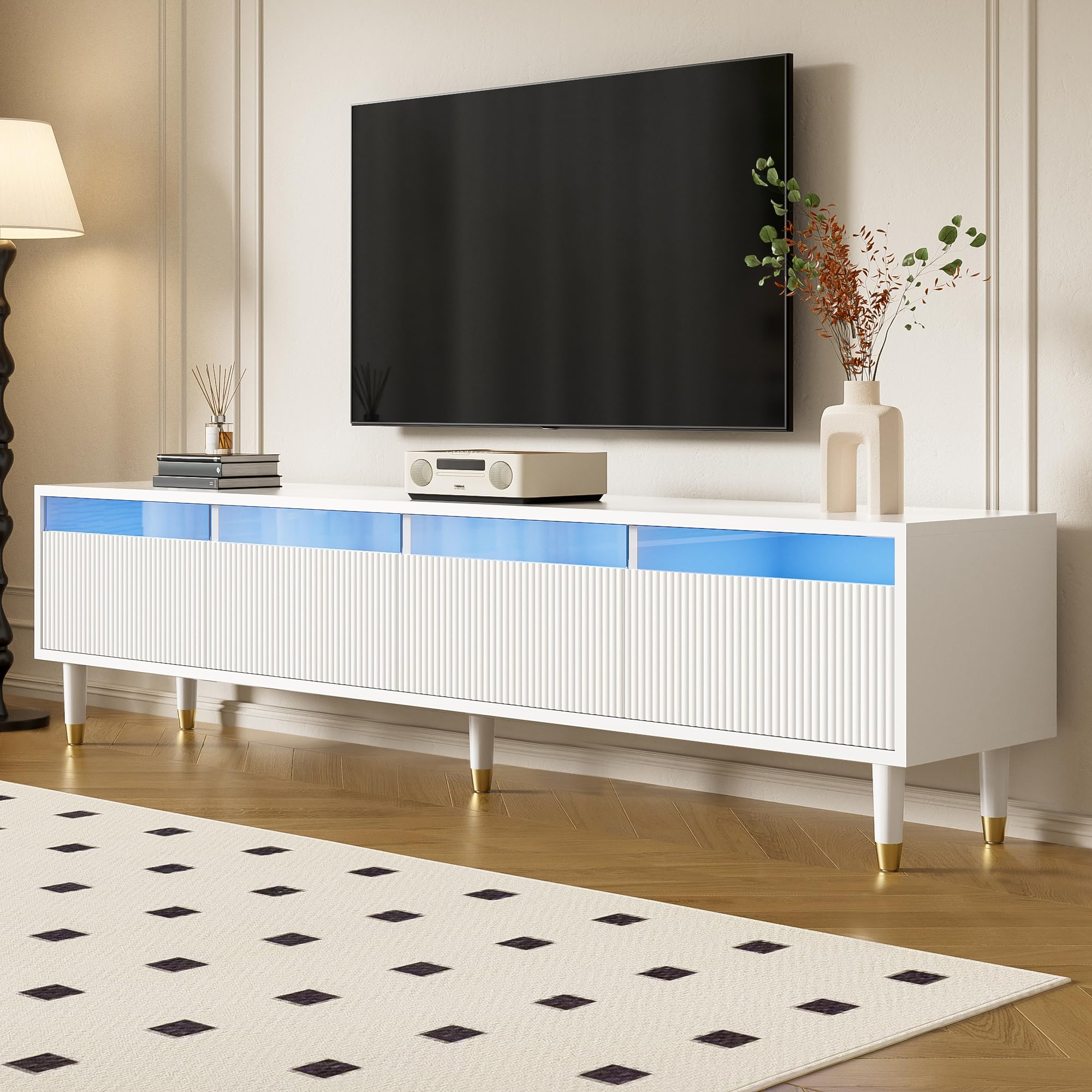 Merax TV-Schrank Lowboard TV-Möbel mit 4 Schubladen,178 x 35 x 45 cm MDF & Acryl, Kabelmanagement, stabil & stilvoll, minimalistisches Wohnzimmermöbel - weiß