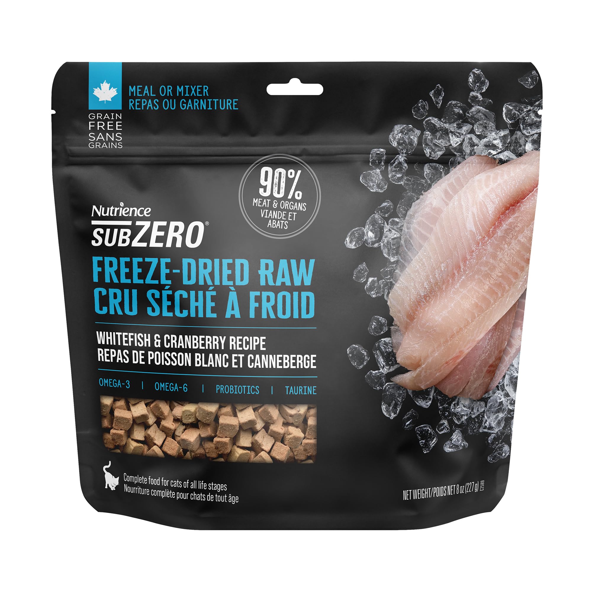 Nutrience Subzero Freeze-Dried Raw Whitefish & Cranberry Cat Food, Grain Free, 90% Meat & Organs, 8 oz 227 Grams, Premium Freeze-Dried cat Food Made with Fresh Canadian Fish and Pork.