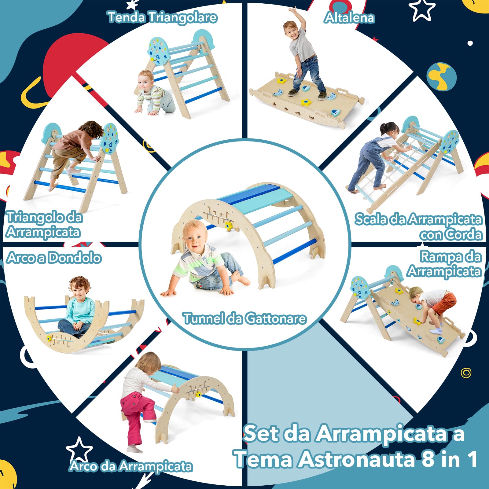 RELAX4LIFE Set da Arrampicata per Bambini, Triangolo di Arrampicata con Scivolo e Arco, Gioco di Incastri in Legno, Gioco Montessori per Bambini 1+ Anni (Astronauta-4 Pezzi | Blu)