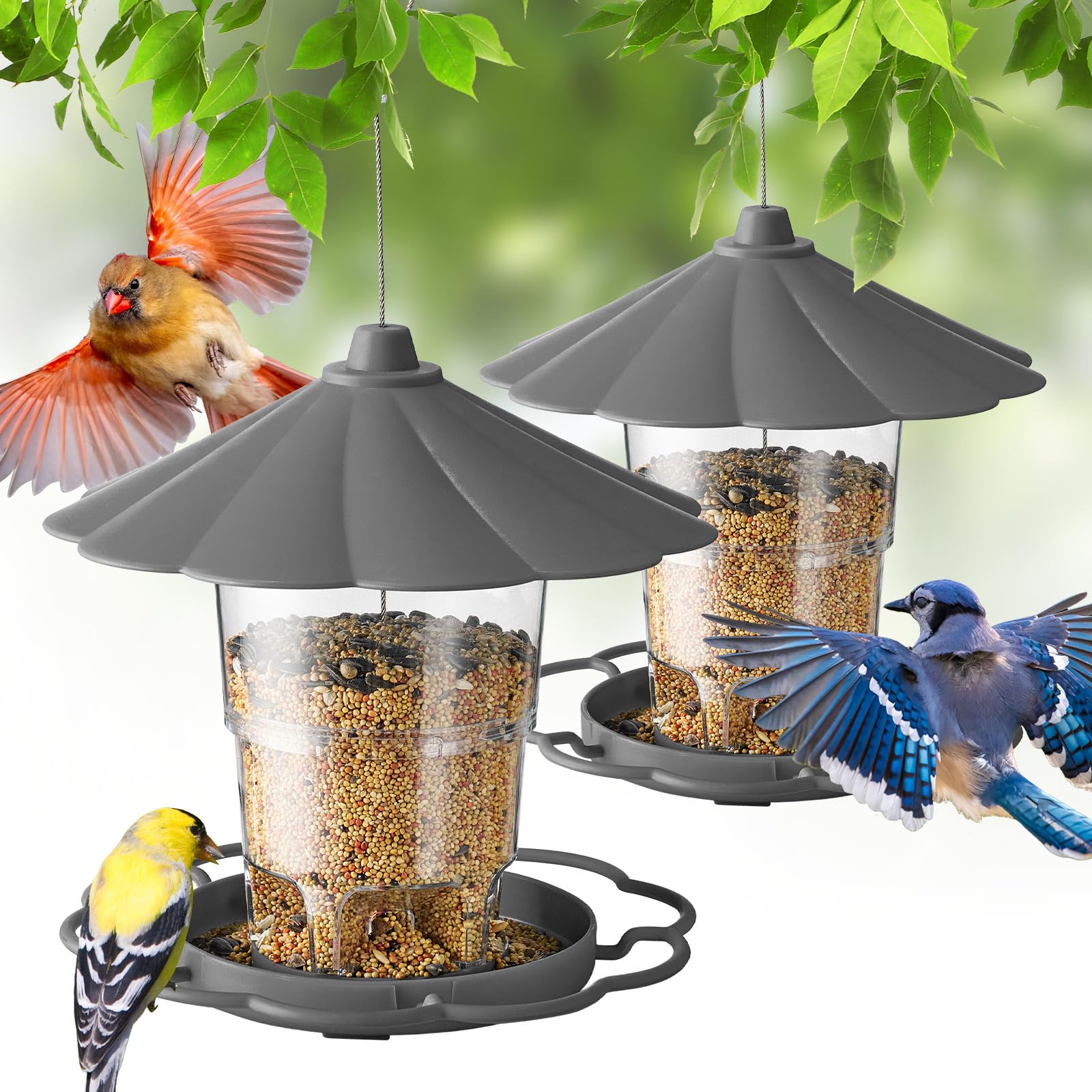 Kingsyard Bird Feeder for Outside Outdoors Hanging, Adjustable Hopper Feeders with Wide Seed Tray and Rainproof Roof, Wild Birds Feeder for Garden Backyard Decoration, 1 pack, Brown — view 9