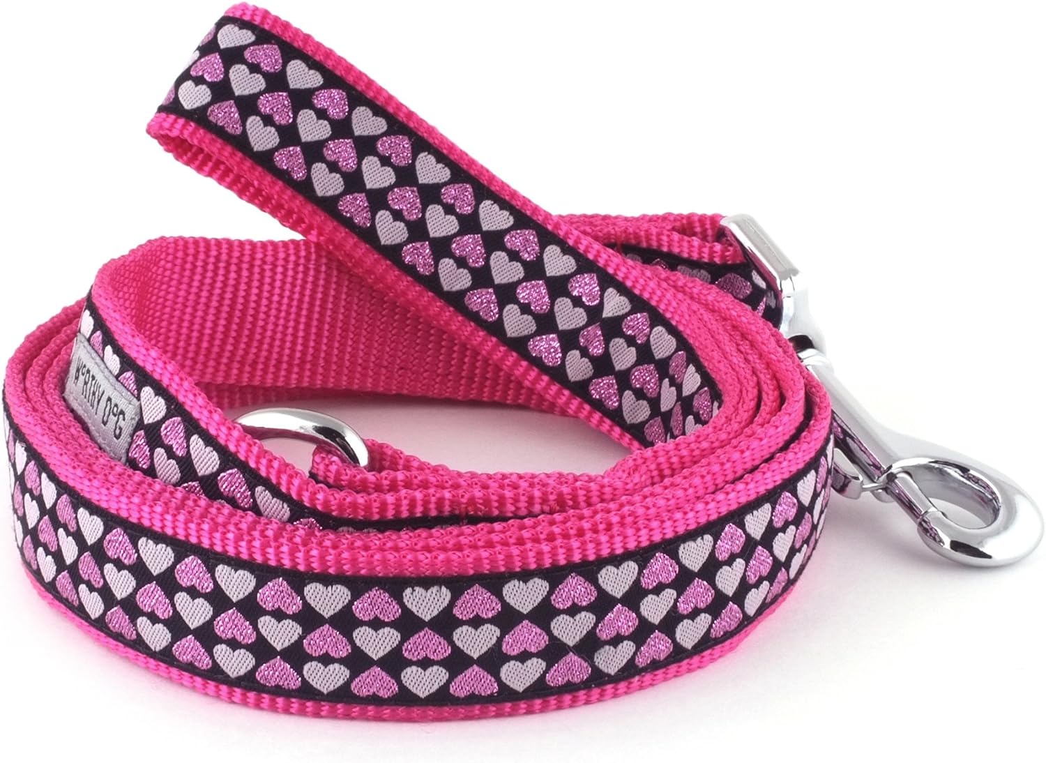 THE WORTHY DOG Stylish Hearts Patterned Leash for Dogs, Solid Nickel Plated - Black, Large