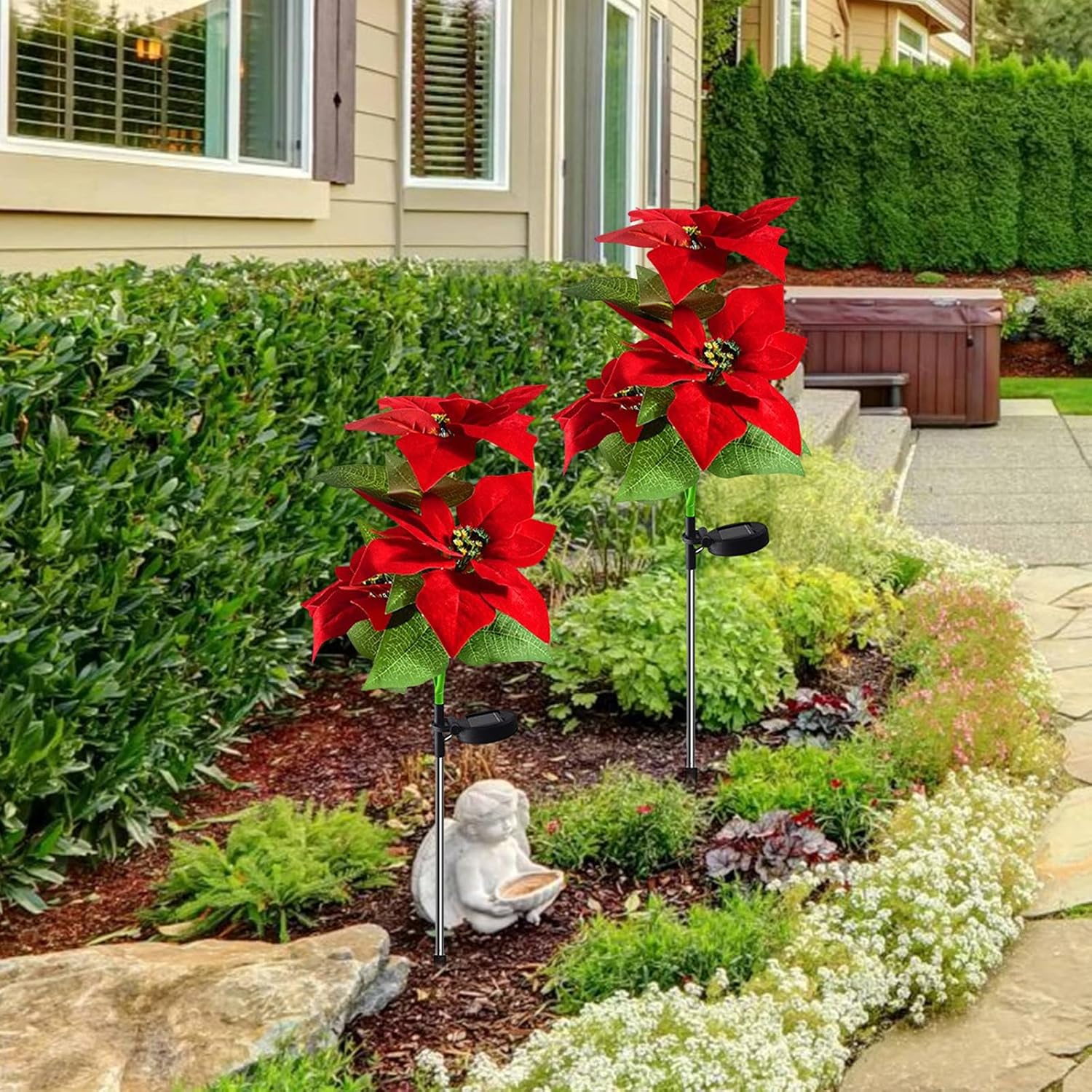 2PCS Christmas Decorations Solar Ourdoor Light, Christmas Poinsettia Stake Lights Solar Red Rose Lights, Simulation Poinsettia LED Light for Garden, Yard, Pathway, Patio Decor(red)