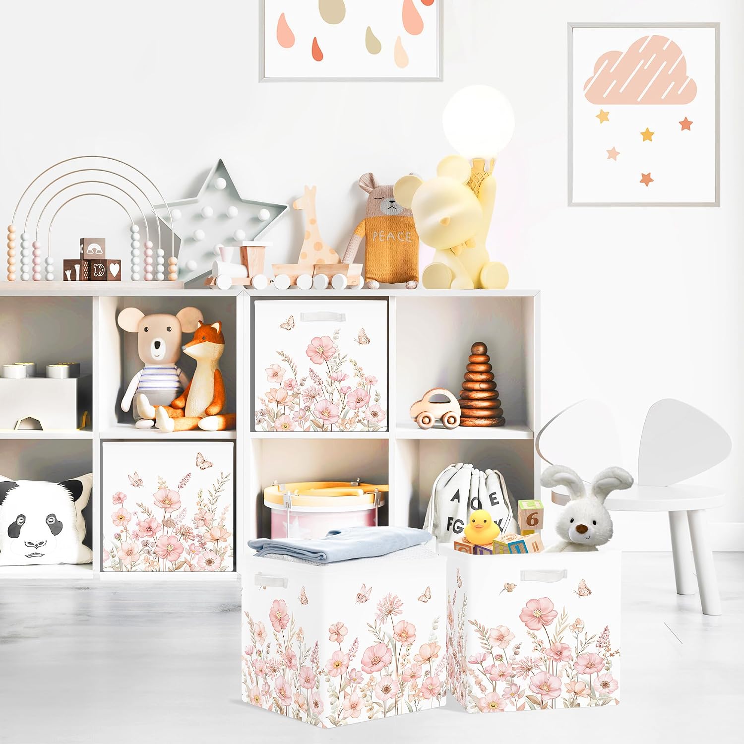 Clastyle 3 pcs 11.8'' Spring Summer Flower Storage Basket for Shelves with Metal Frame Large Butterfly Girl Clothes Toy Book Cube Bin for Bedroom Playroom,Pink