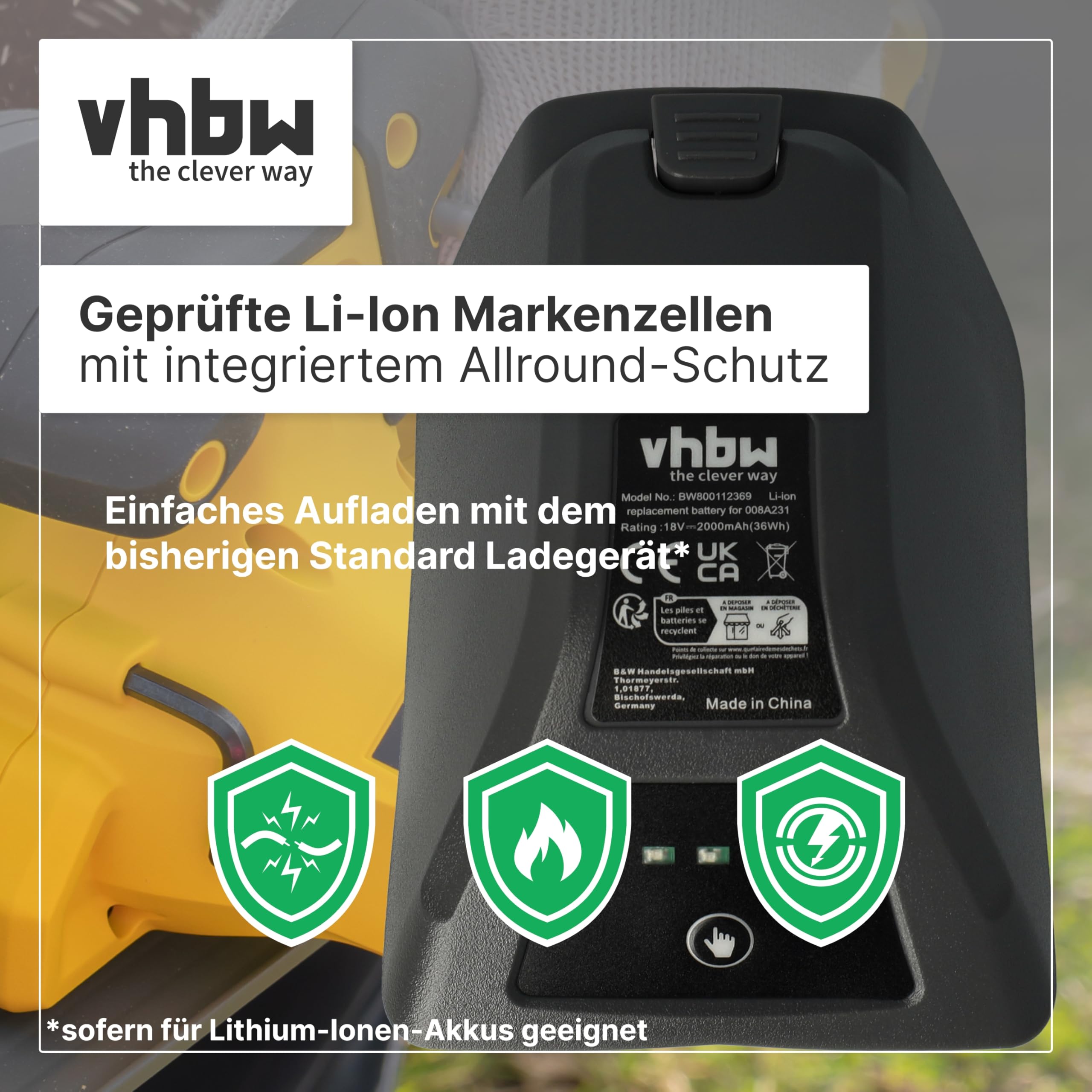 vhbw Batería Compatible con Gardena 8025-20 (35 m Roll up) cajón Manguera Pared - Reemplaza Gardena 008A231 (2000 mAh, Li-Ion, 18 V) | Repuesto para Gardena 008A231 (2000 mAh, ion de litio, 18 V)